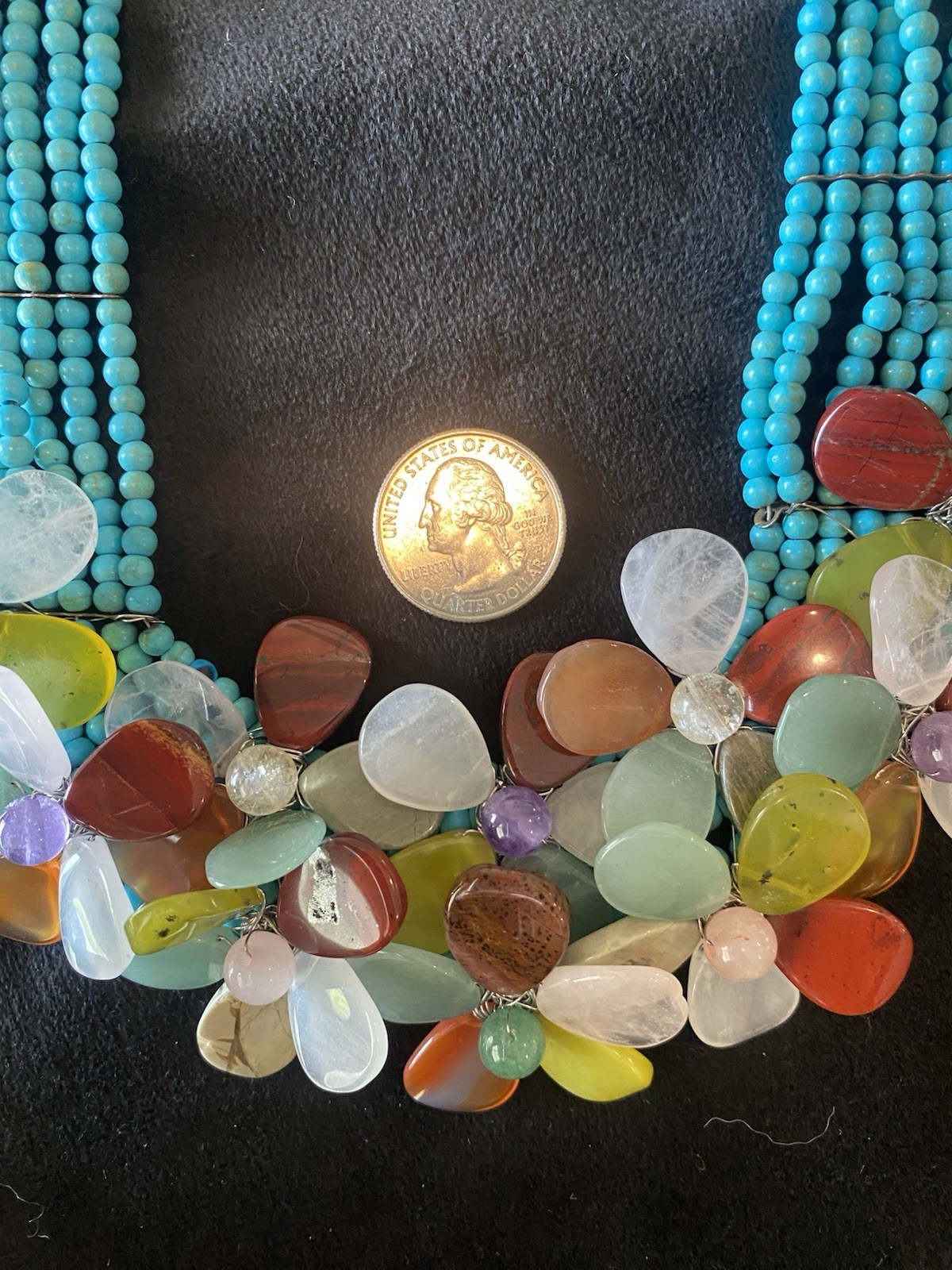 Boho Multi-Gemstone Flower Cluster Necklace Turquoise Beads – Statement Piece