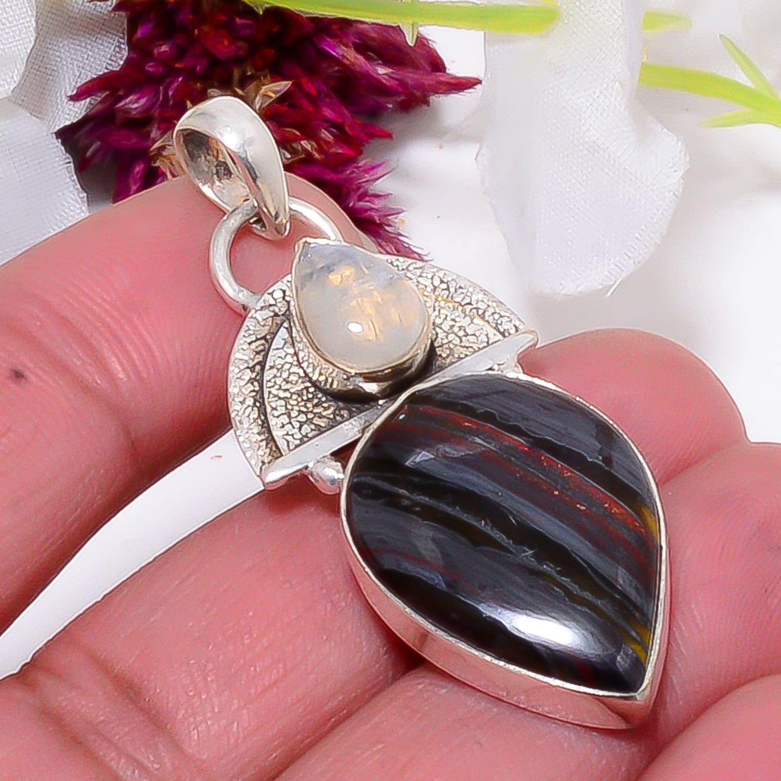Iron Tiger Eye – South Africa, Rainbow Moonstone 925 Silver Pendant 2.03″ Sku15