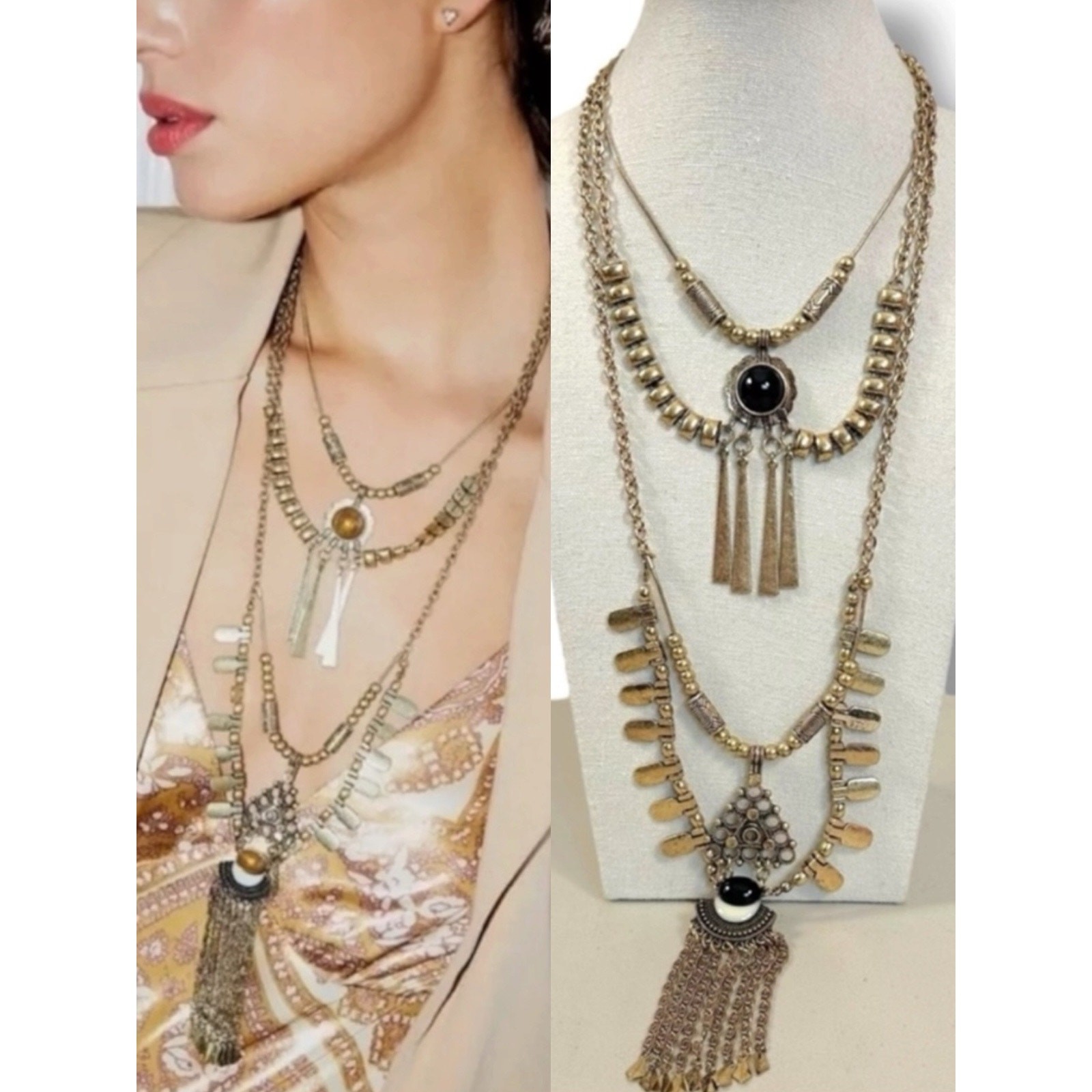 Free People Bring It Home Layered Necklace Gold Black Statement Bohemian Witchy