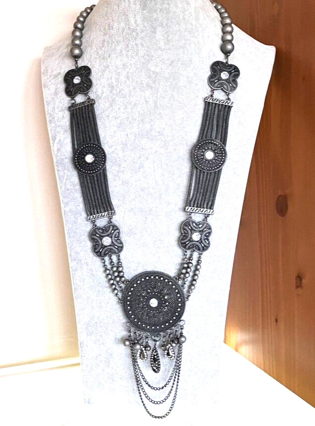 Afghan vintage necklace oxidised black metal heavy Bohemian style 82cm unusual