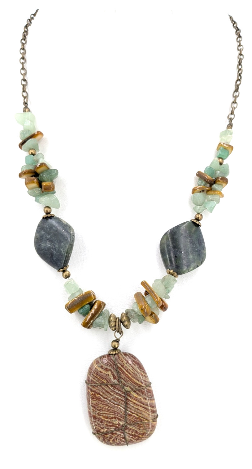 Vintage Mixed Gemstone Necklace 21 in Jasper Aventurine Brass Pendant 54g Boho