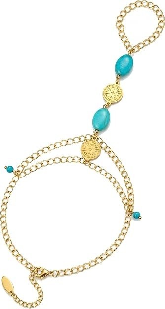 Turquoise Bracelet for Women, 14K Gold Plated Adjustable Stackable Boho Hand Cha