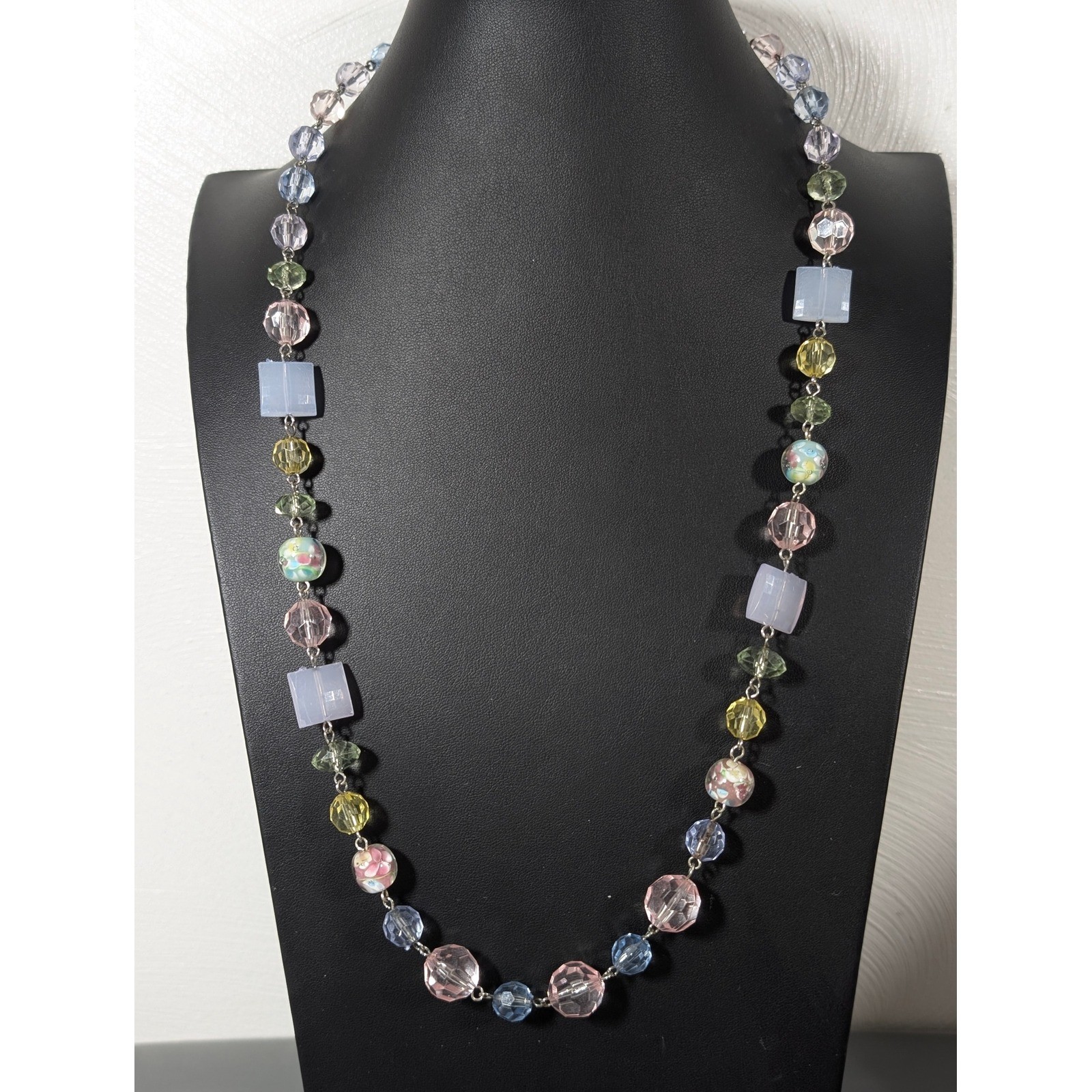 Pastel Lampwork Glass Bead Long Necklace Acrylic Blue Pink Green Yellow 28 Inch