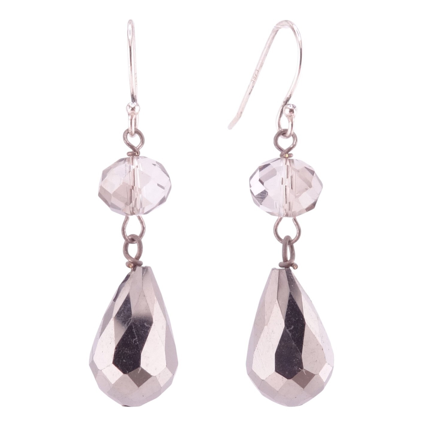 Silvertone Reflective Crystal Teardrop Sterling Silver Hook Earrings 1 3/4″ NWOT