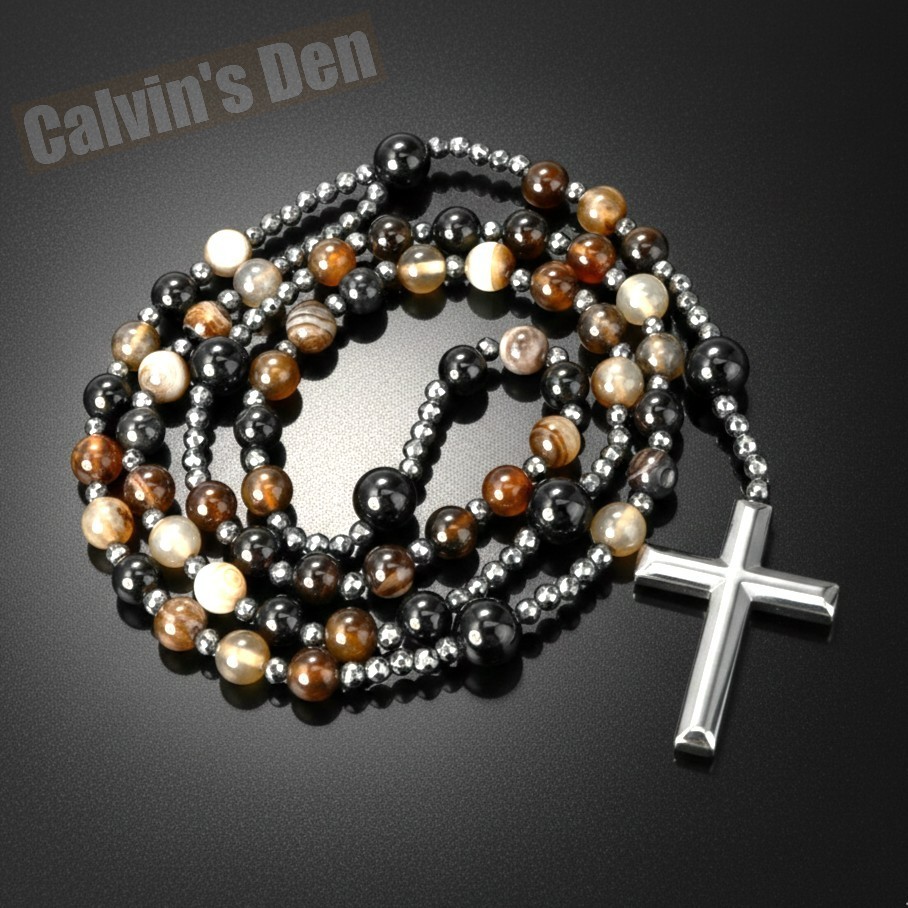 Brown Agate Black Onyx Bead Black Hematite Cross Rosary Necklace Man Women Gift