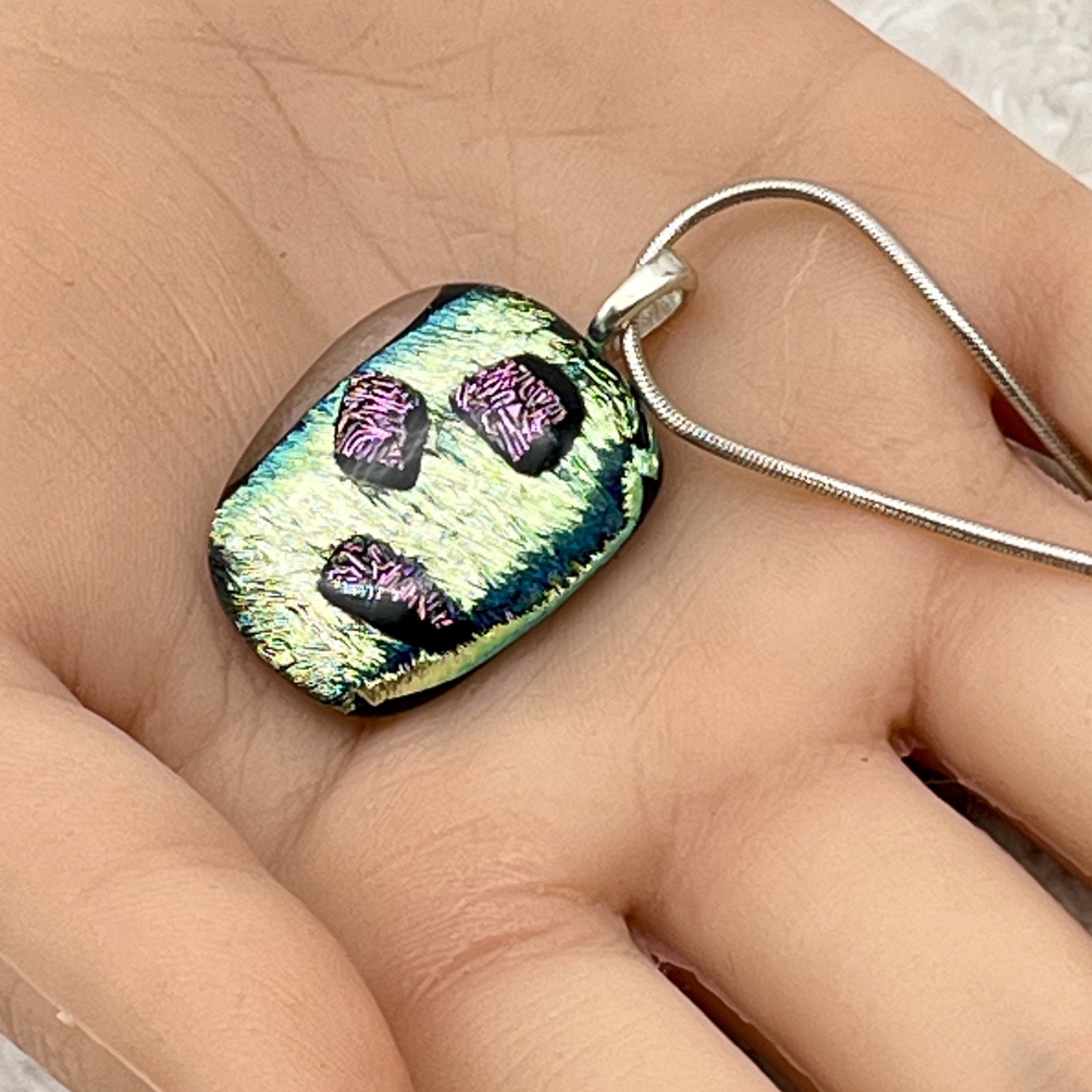 Dichroic Art Glass Pendant Necklace Iridescent Green Purple Black Snake Chain