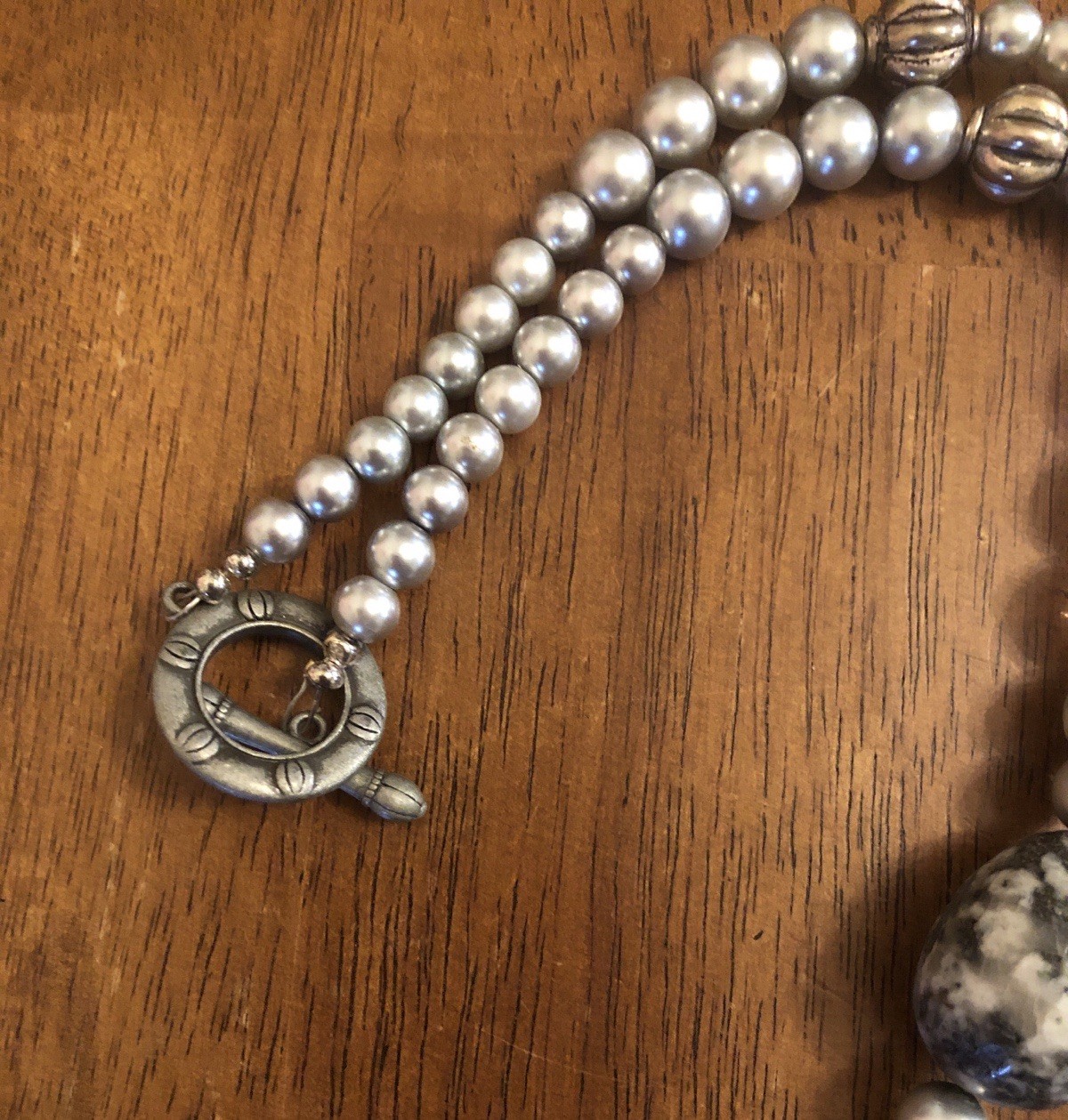 Heavy Mixed Beaded Necklace Rustic Silver Tone Pendant 23.5 In (T1)