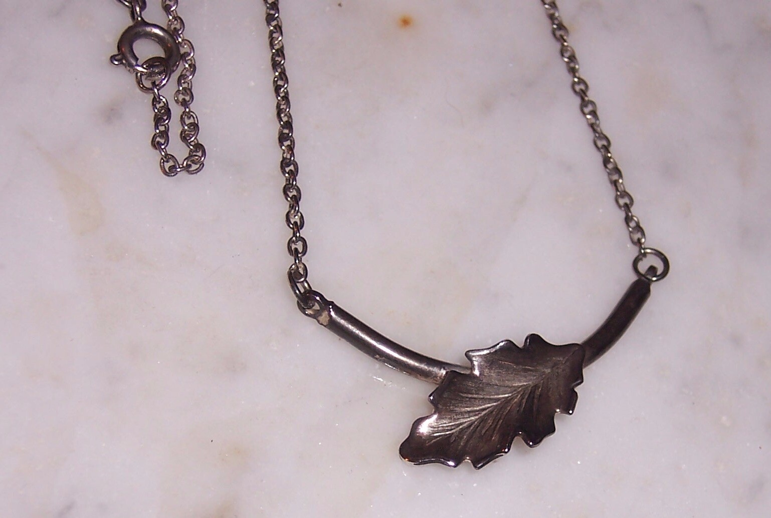 Dainty Silver Color Necklace w/ Bar & Leaf – 14-3/4″ chain – No mark #N320