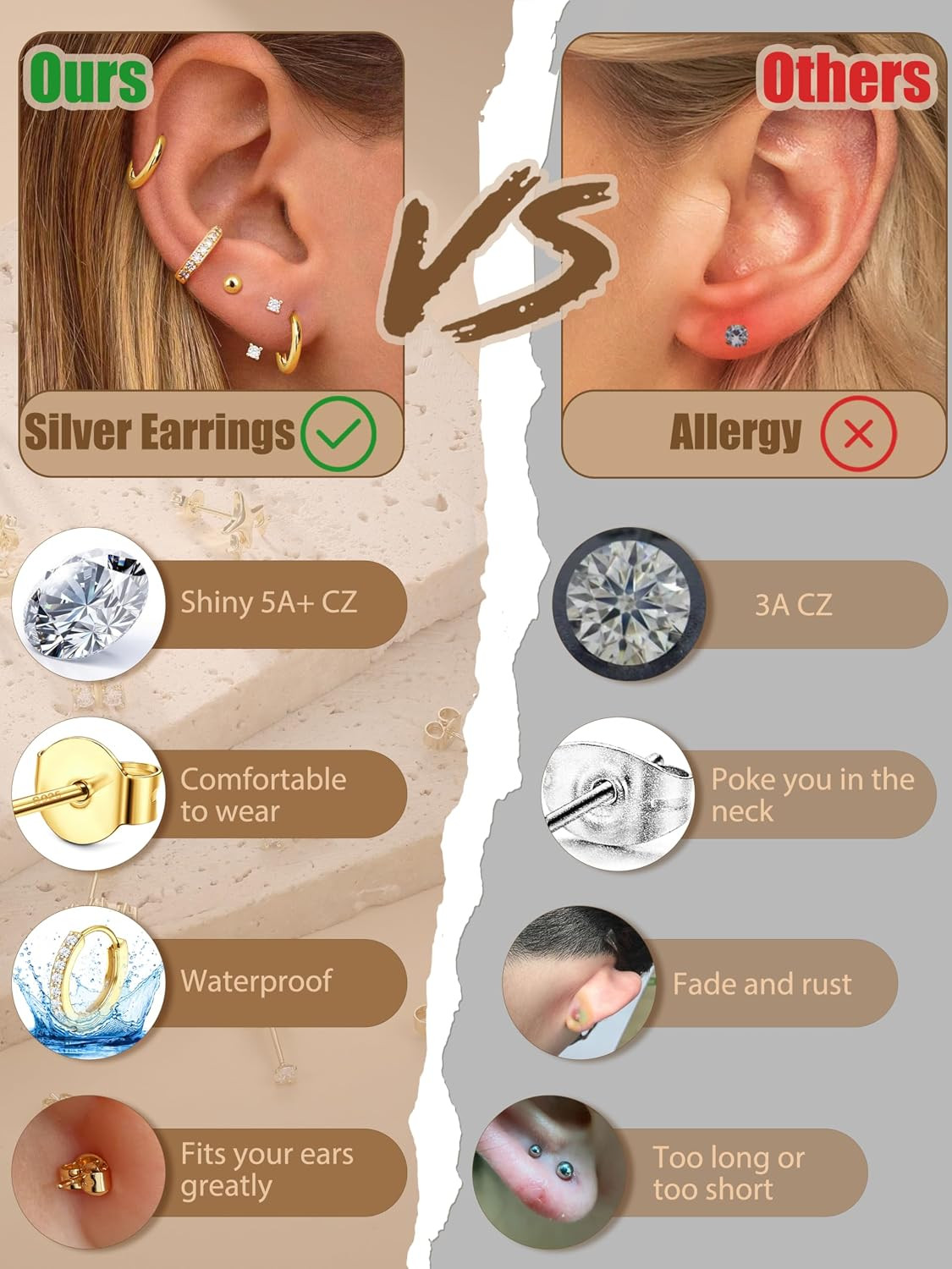 10 Pairs Sterling Silver Stud Earrings for Women Hoop Earrings Set | Hypoallerge
