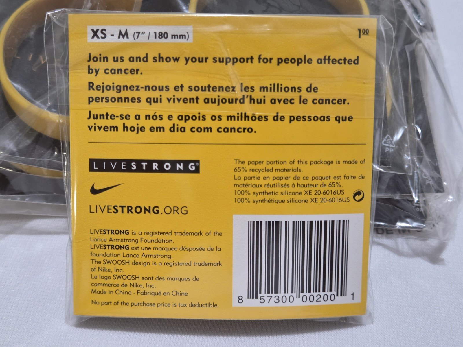 Lot of 20 – Nike Livestrong Bracelet – NEW – (Size XS – M) 7″/180 mm – XS – M