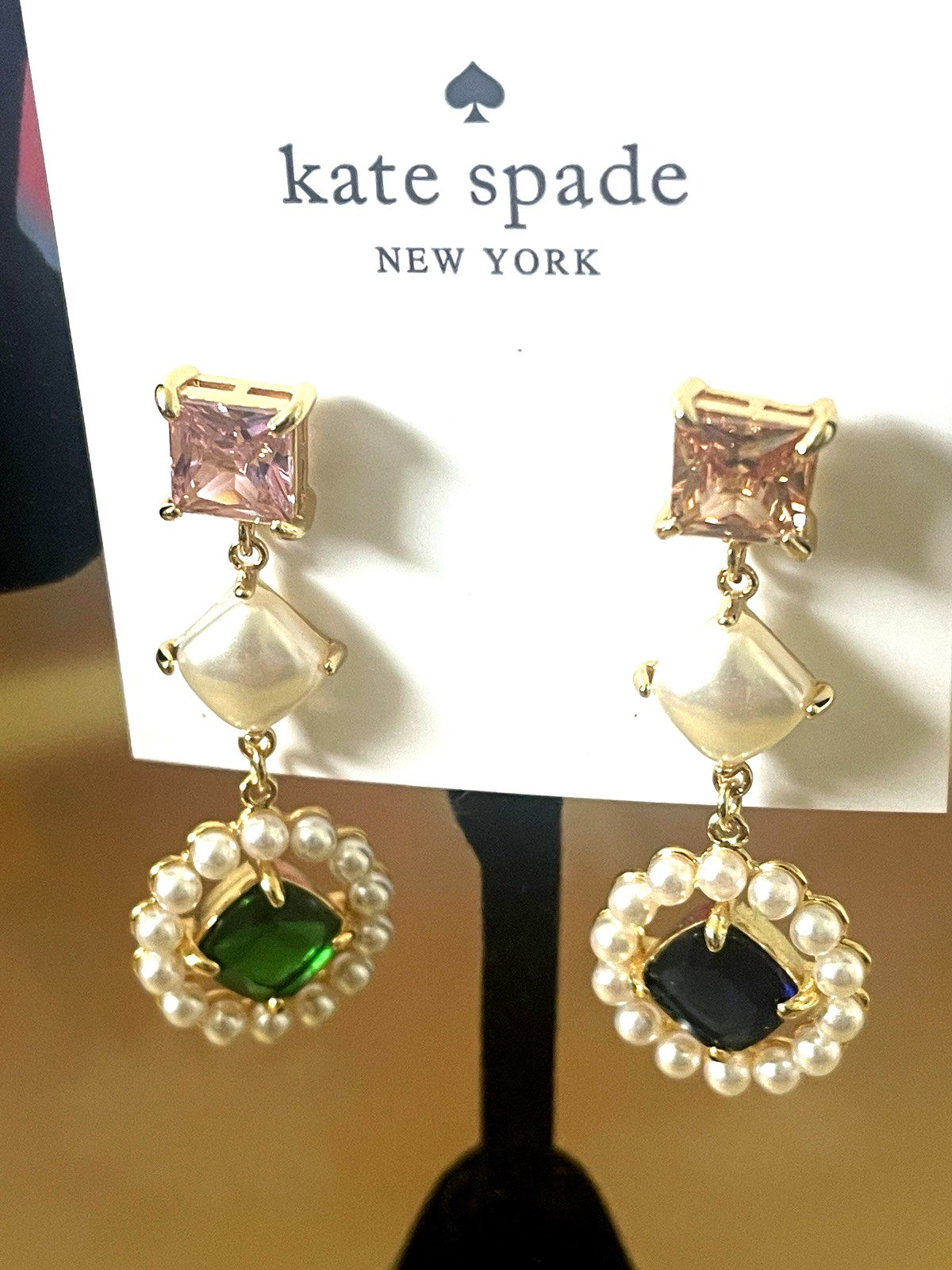 Kate Spade Victoria Linear Earrings Mismatched Gem Colors Pearl Accents+CZ NEW
