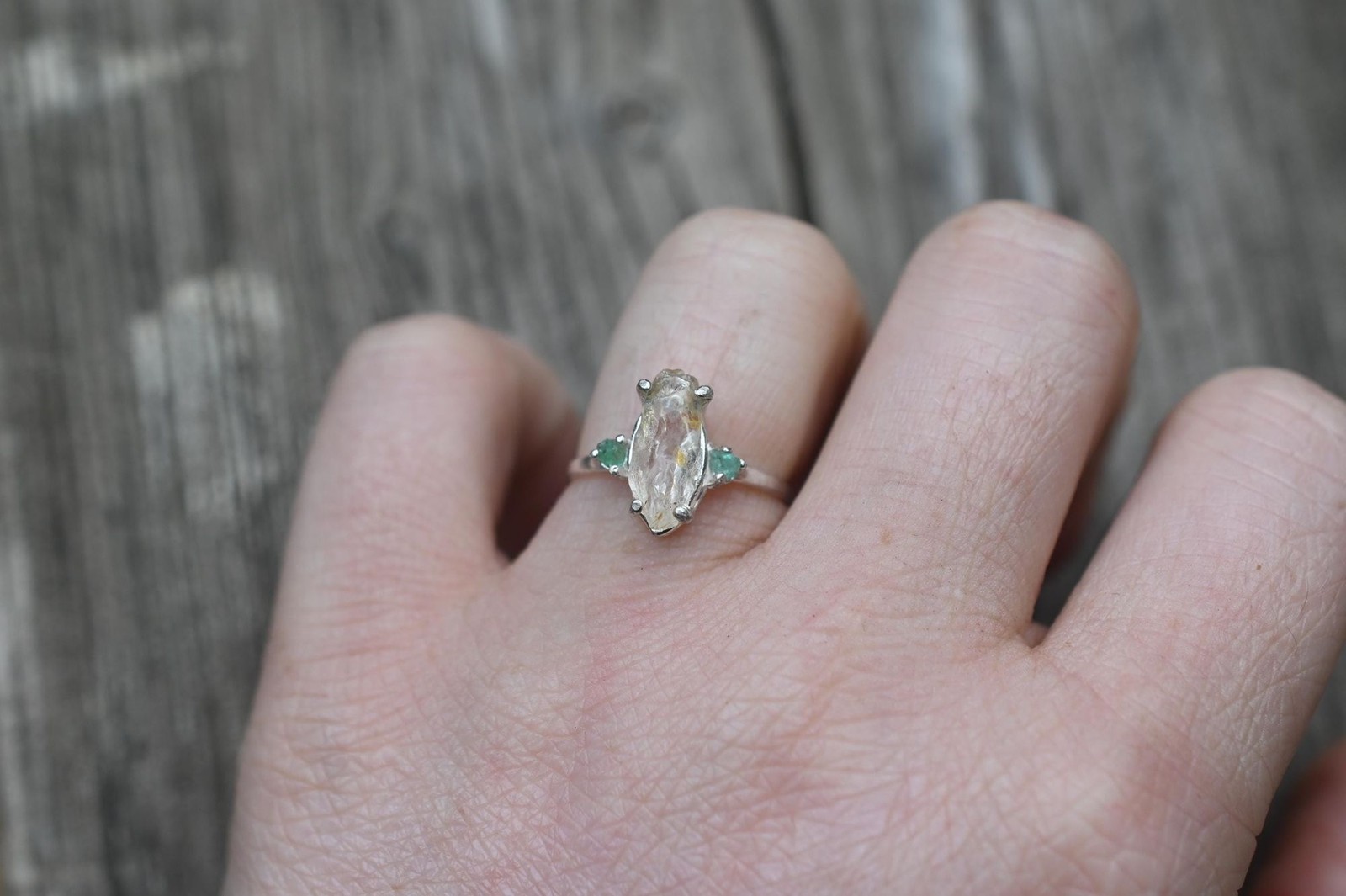 Engagement ring Emerald and Lake County diamond sterling silver size 3 4 5 6 7