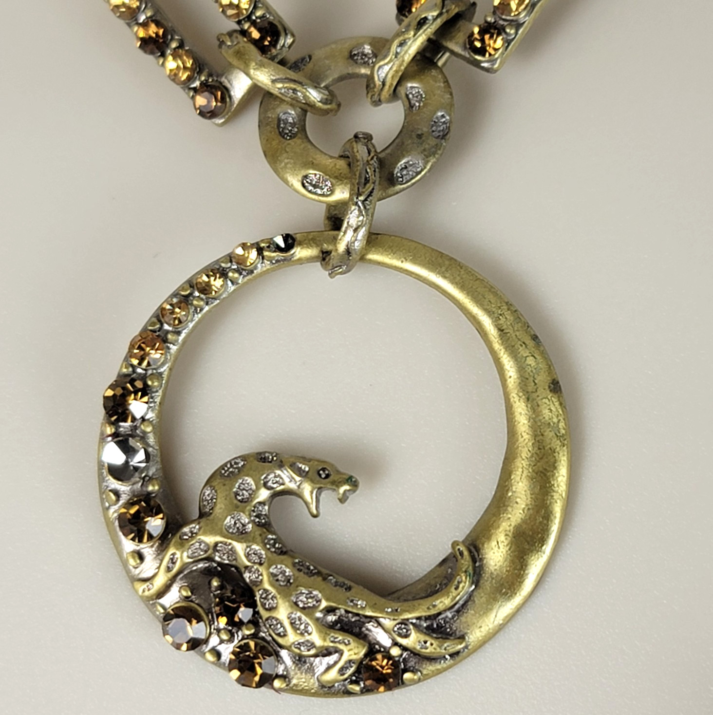 Vintage Bronze Tone Leopard Figure Statement Pendant Necklace Brown Leather Cord