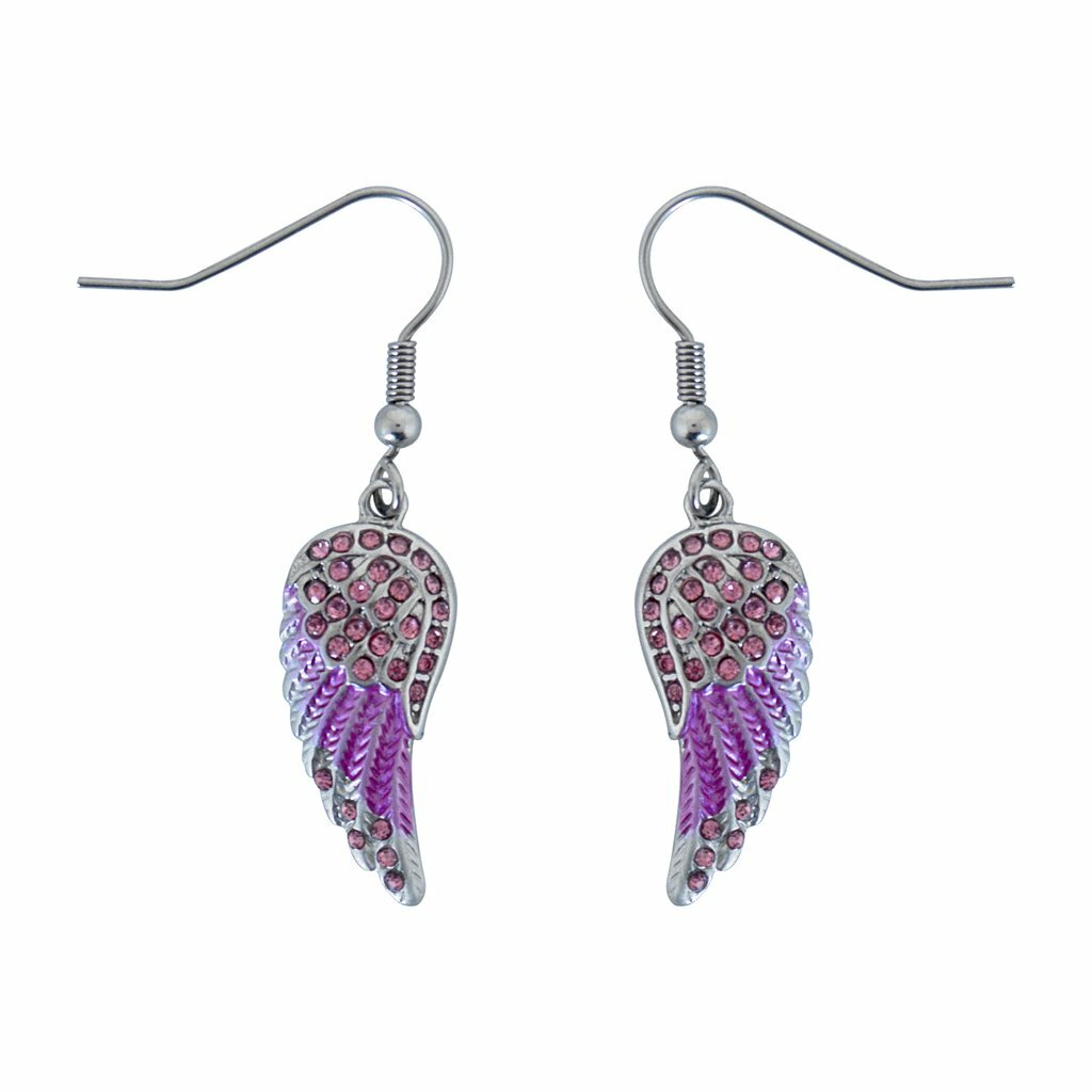 Ladies Mini Pink Angel Wing Earrings with Pink Crystals