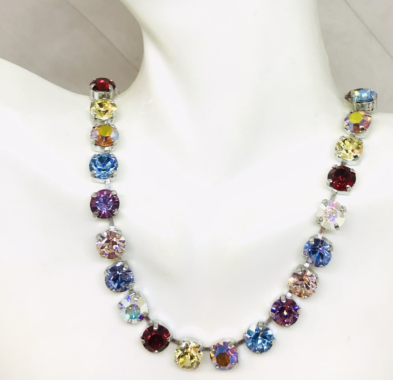 Siam Red Rainbow Cup Chain Necklace, Light Blue Crystal Rainbow Mix Necklace