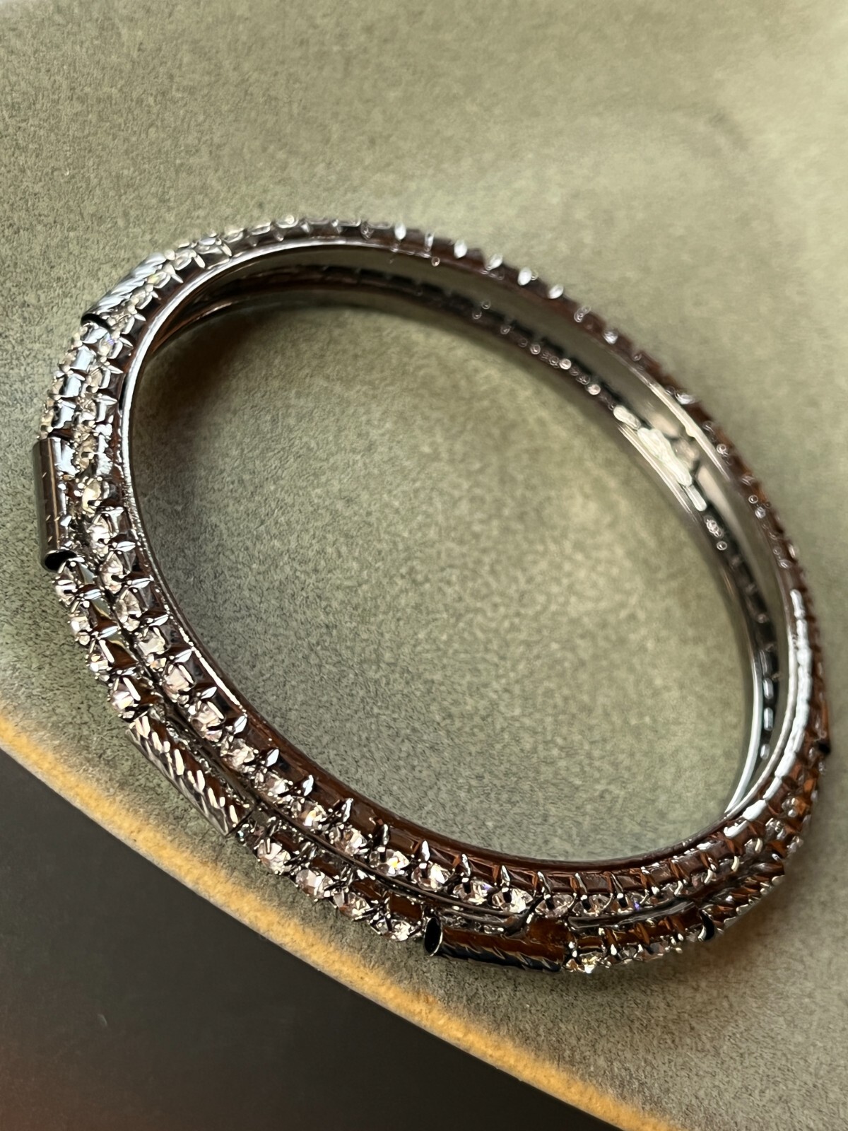 Clear Rhinestone Encrusted & Oxidized Silvertone Bangle Bracelet – 2.25 inches a