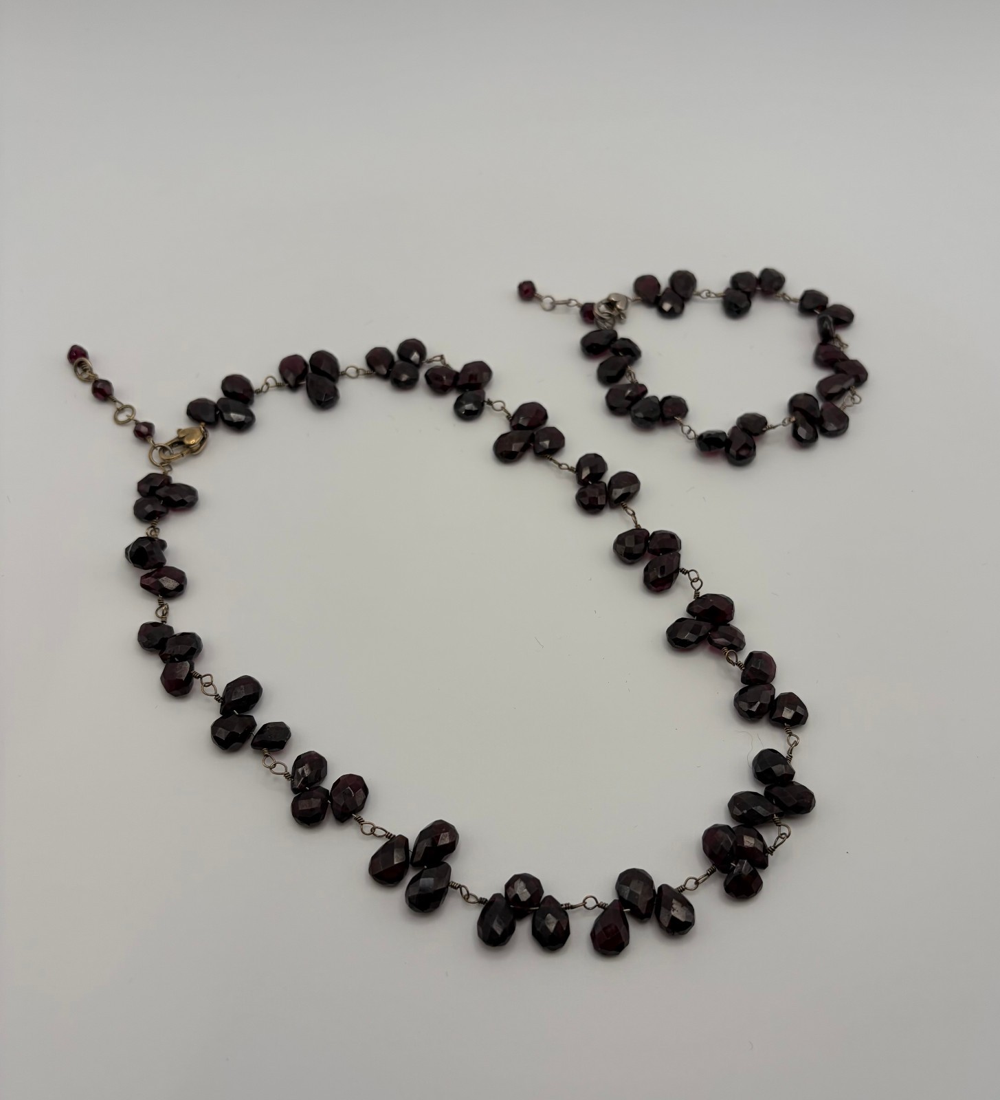Estate Burgendy Red Glass Faceted Bead Necklace Bracelet Set Wire Wrapped