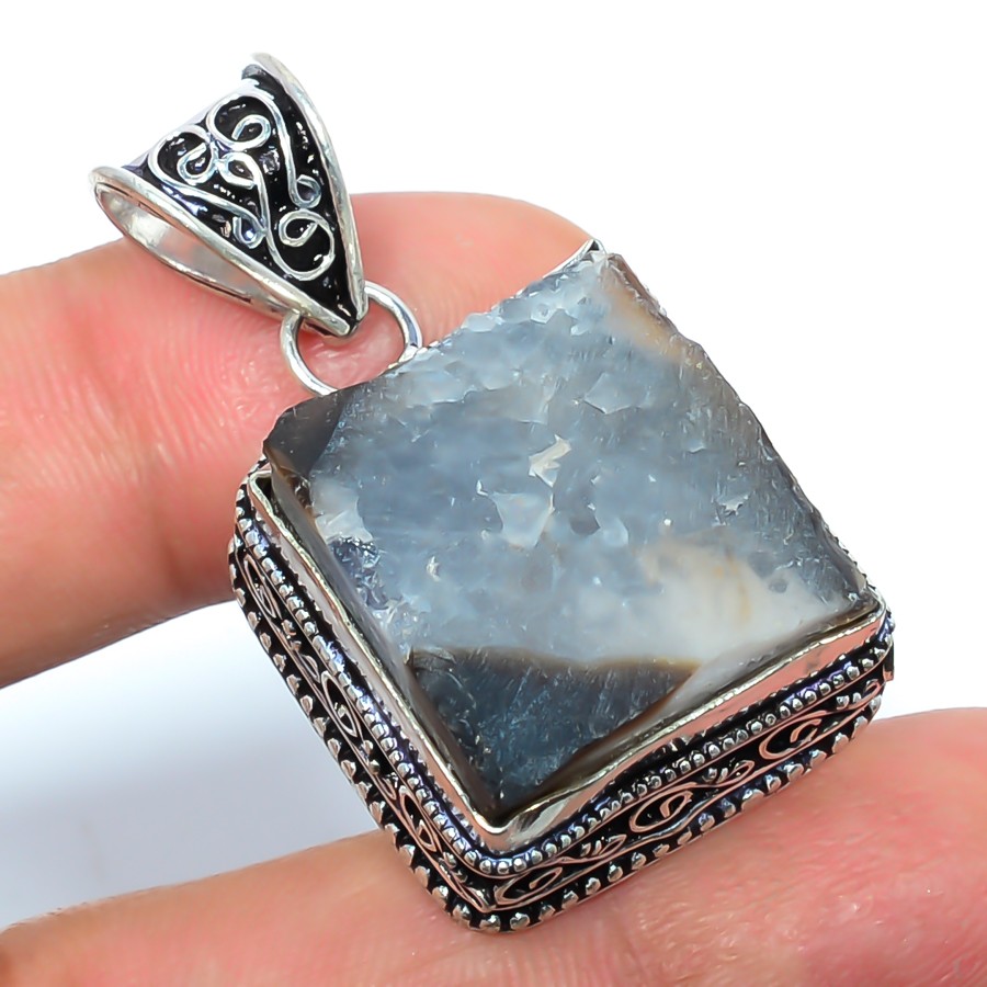Natural Quartz Drusy Gemstone 925 Silver Plated Fine Art Pendant 1.56″ LBP-623