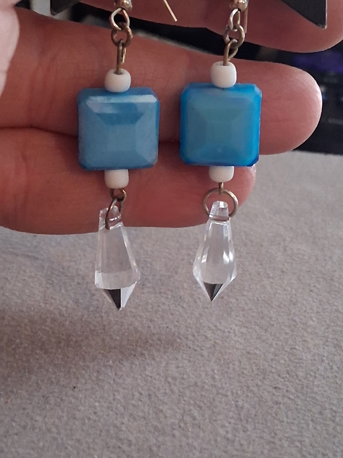 Aqua blue faceted crystal multi bead dangle drop earrings