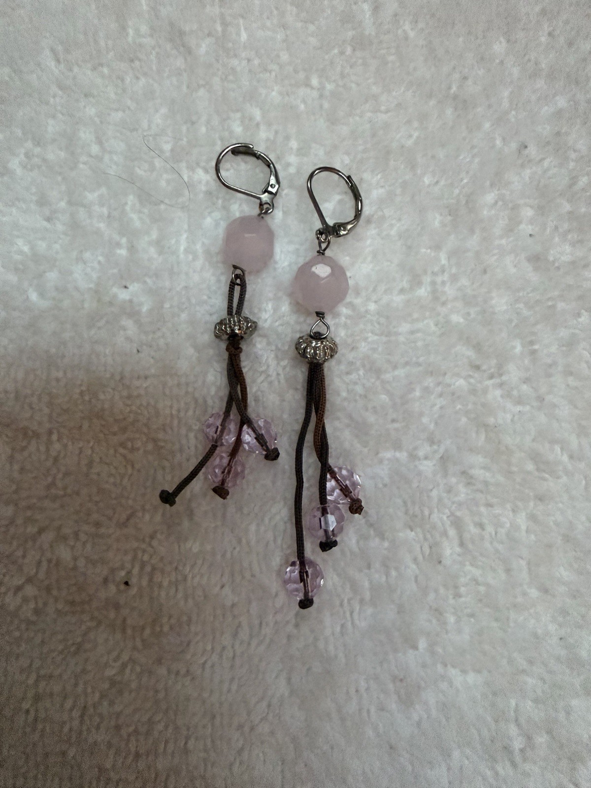 Pink Round Glass Bead Dangle/Drop Leverback Earrings Silver Tone Metal