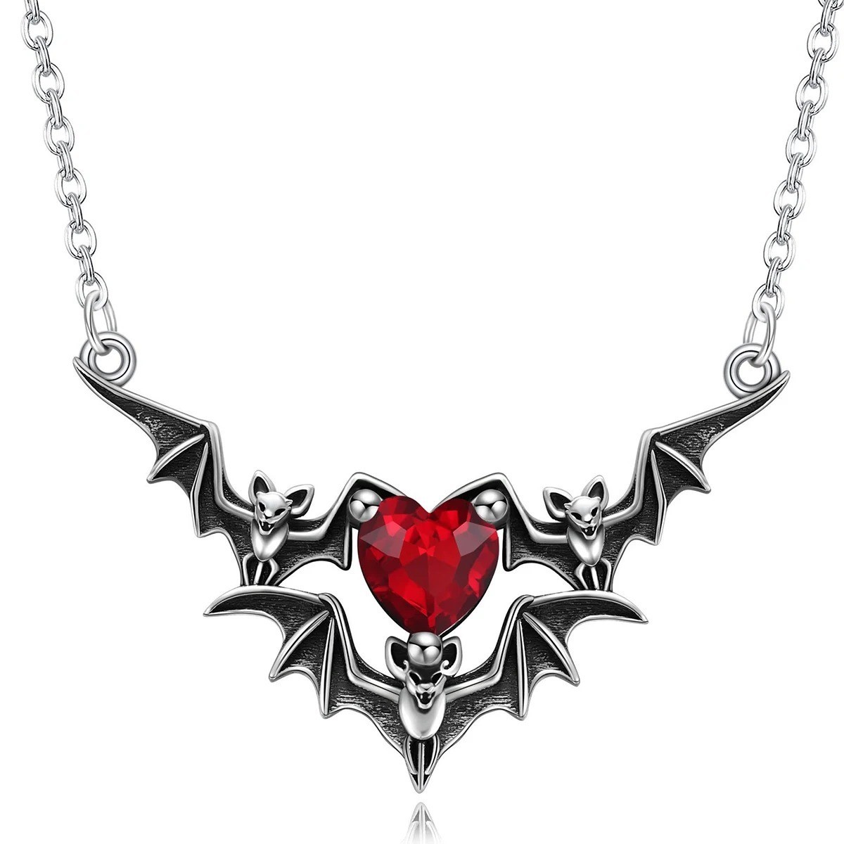 Gothic Bat Wings Heart Pendant Necklace Punk Dark Fantasy Halloween Jewelry