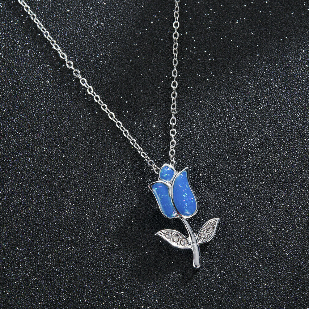 TULIP ROSE BLUE crystal FLOWER pendant Sterling Silver 925 18″ 1.3mm necklace