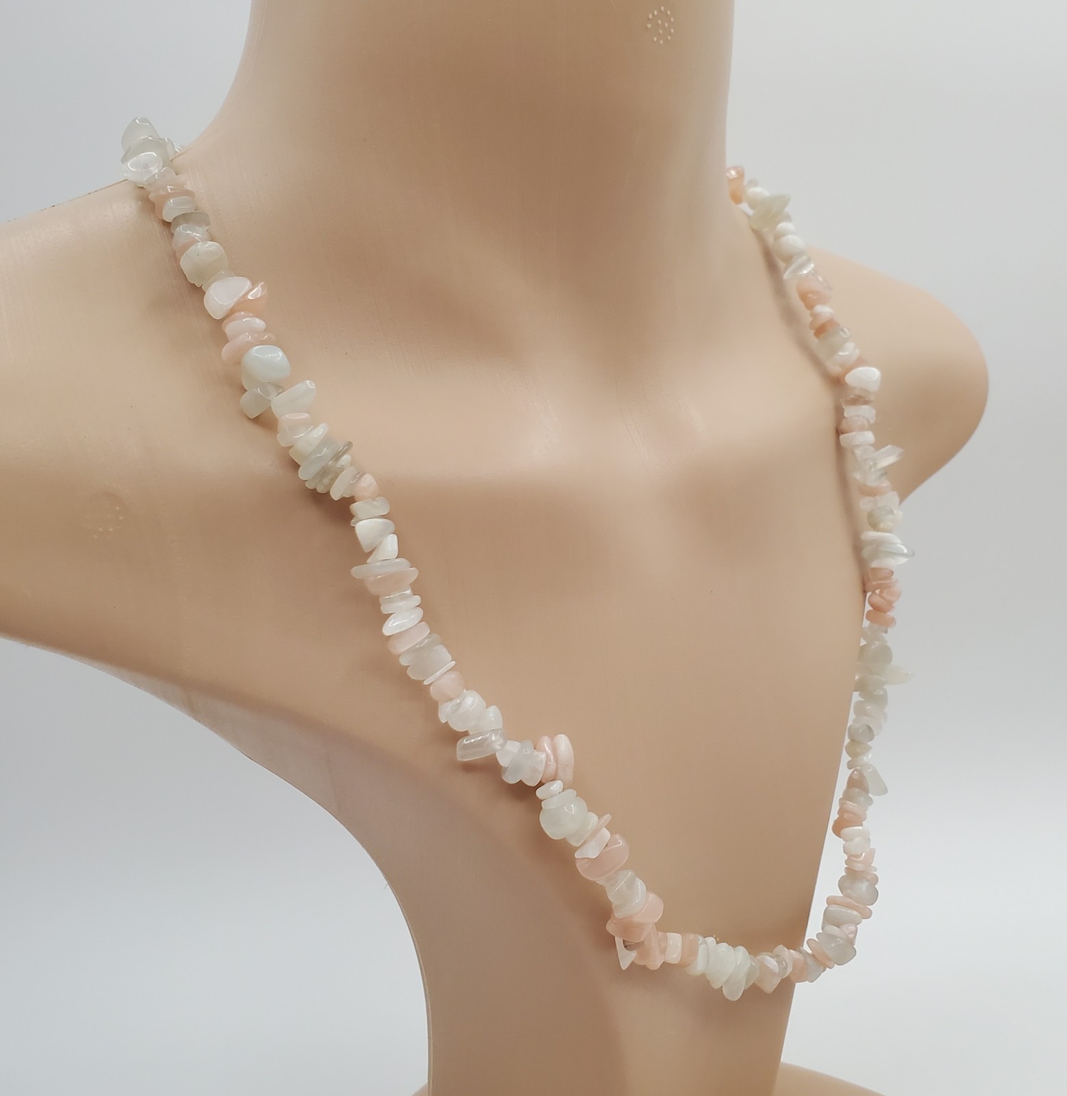 Moonstone Chip Bead Necklace 23in Gray Pink White Stones Magnetic Clasp Estate