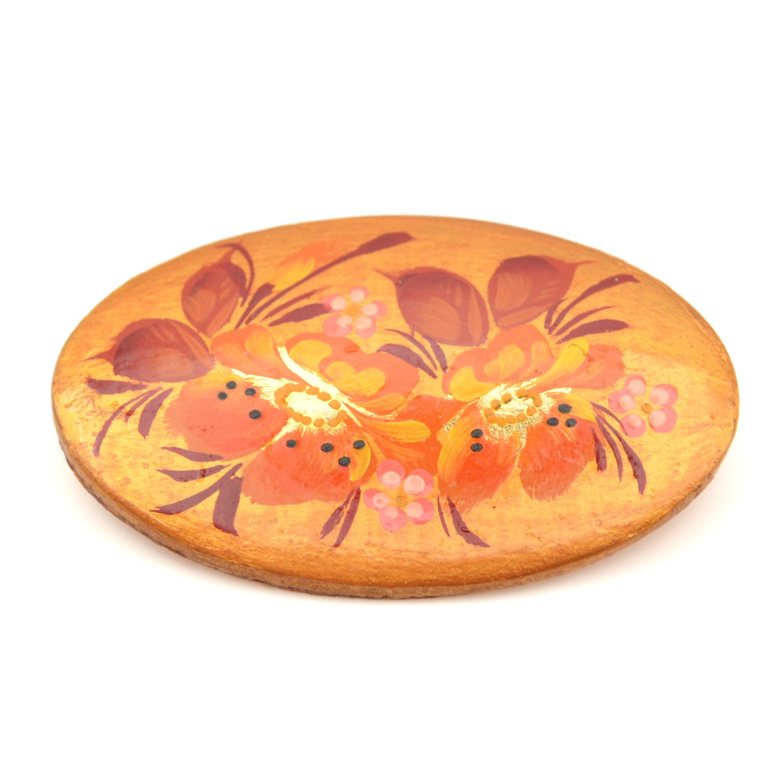 Hand Painted Wood Floral Brooch Pin Signed Solodova 2004 Oval Russian Style