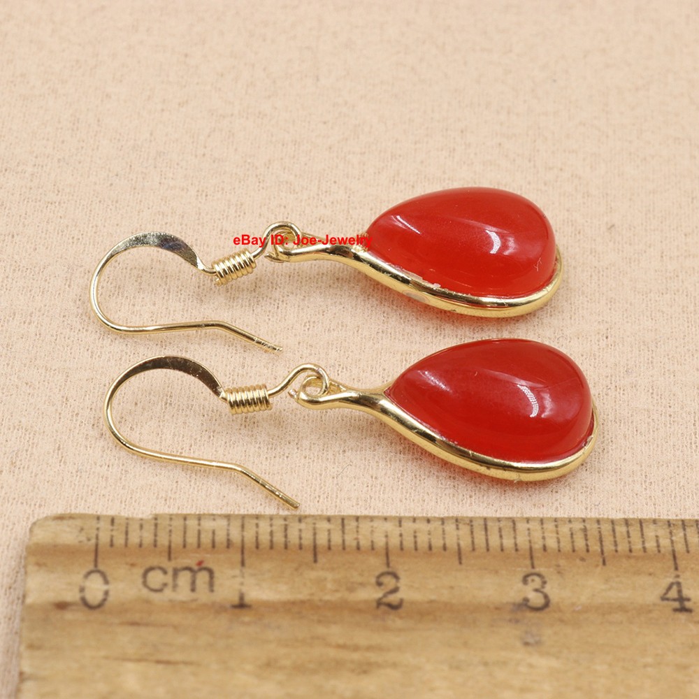 New Gold Plated Heated Red Jade Pear-Shaped Dangle Earrings 38mm H