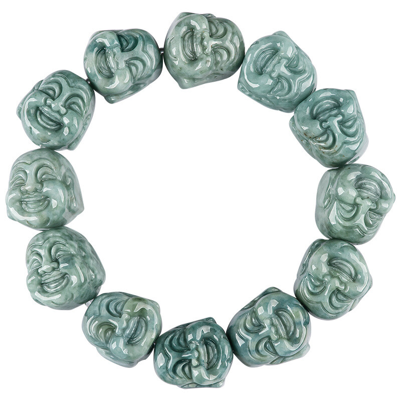 Natural Grade A Jadeite Deep Bean Green 12PCS Maitreya Buddha Head Bead Bracelet