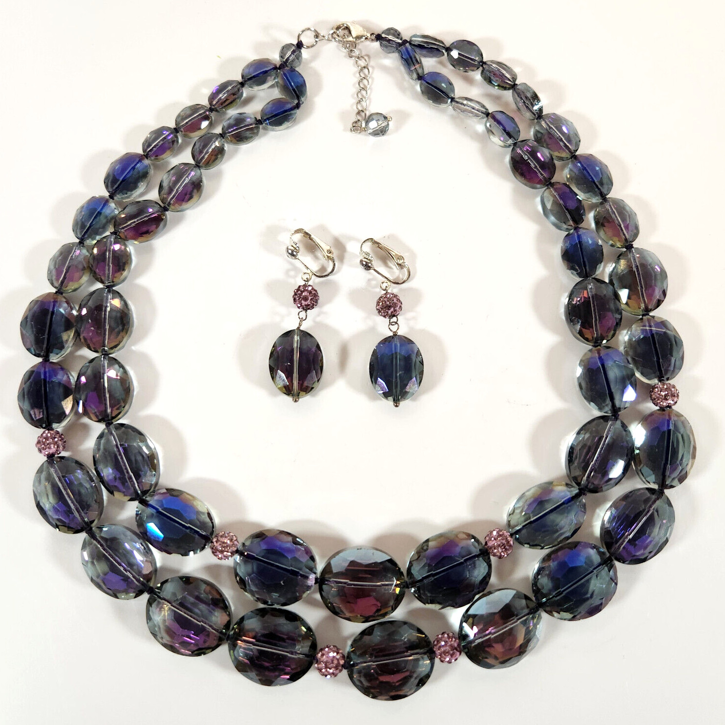 Beaded Necklace Clip Earrings Purple Blue Pink Iridescent Smoky Special Occasion