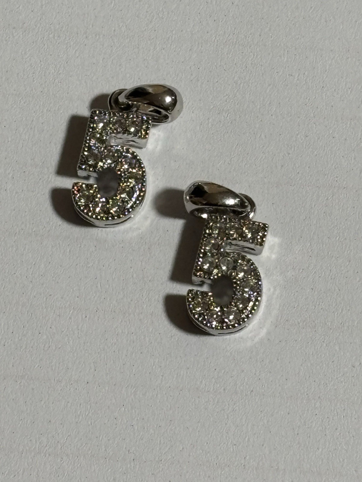 Set of Two Number 5 Charms Pendant Silver Tone Sparkling Rhinestones 1/2