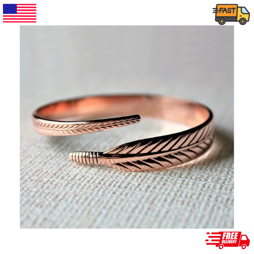 Pure Copper Feather Cuff Bracelet Adjustable Boho Open Bangle Nature Inspired