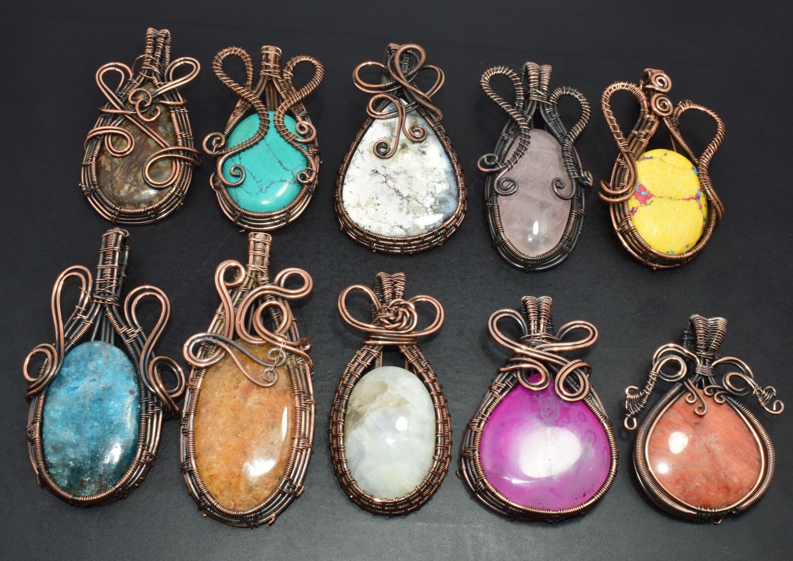 10 Pcs Lot Labradorite & Mix Gemstone Handmade Copper Wire Wrap Pendant Jewelry