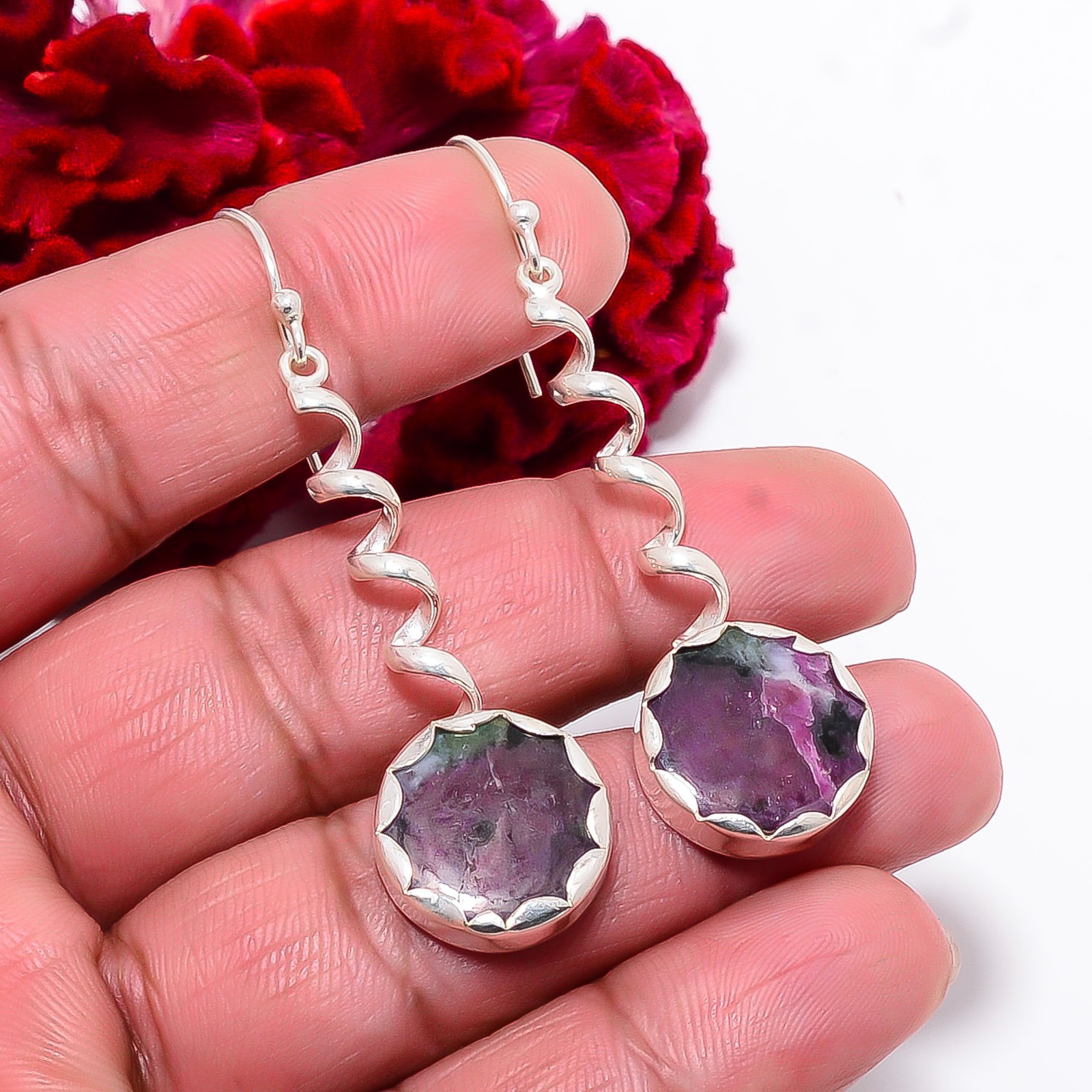 Natural Ruby With Zoisite – Tanzania 925 Sterling Silver Earring 2.34″ E98524