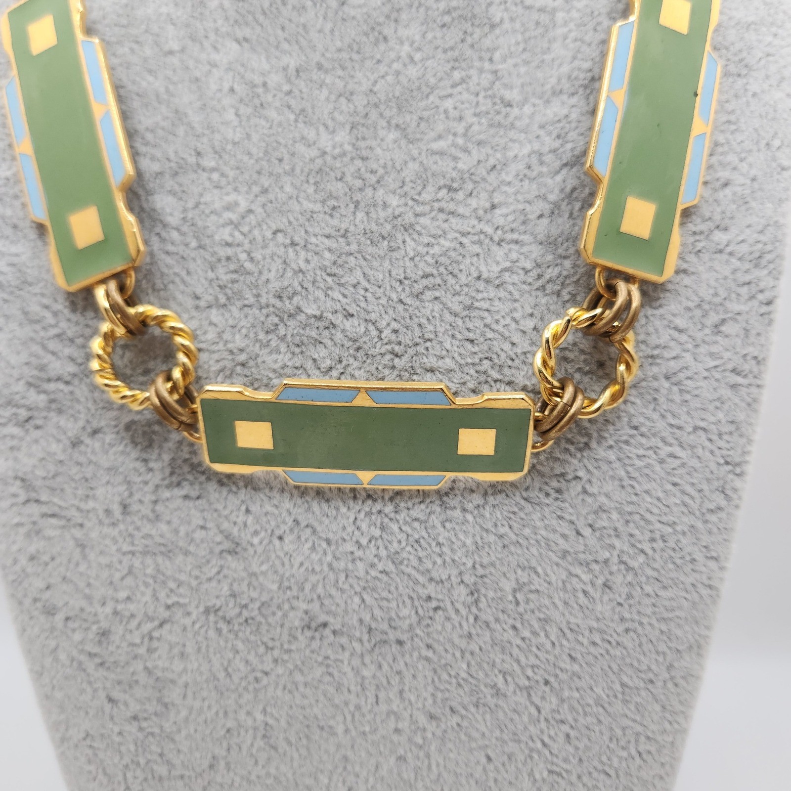 Vintage Art Deco Revival Geometric Enamel Panel Necklace Mint Green Blue Gold