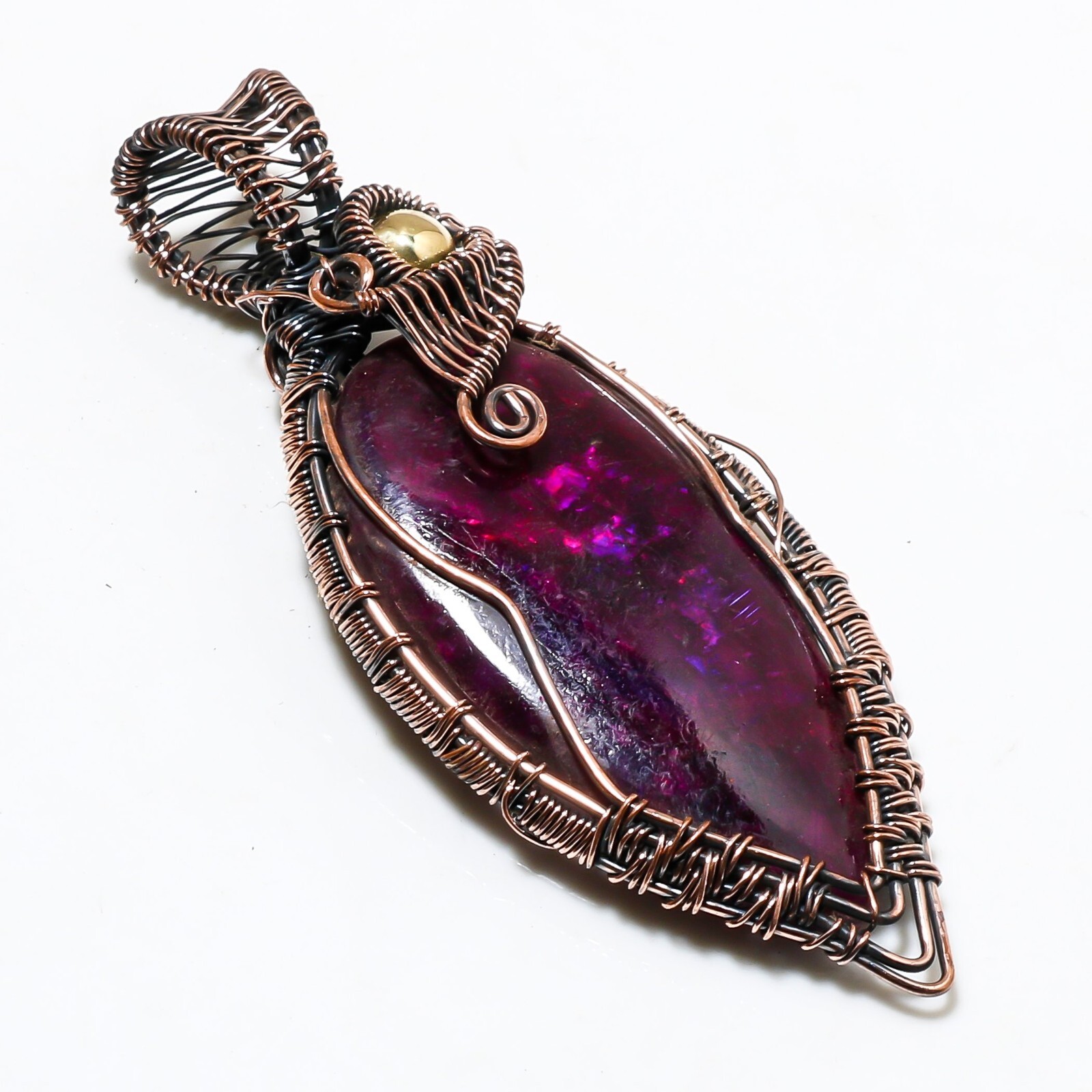 Wire Warp Copper Pink Fire Labradorite Gemstone Pendant Jewelry Size 3 Inches