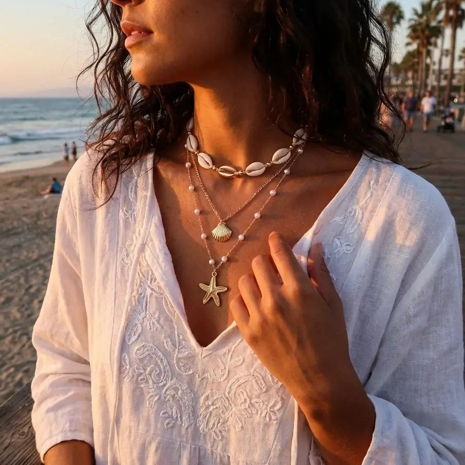 Boho Multilayer Starfish Shell Conch Pendant Necklace For Women Trendy Summer Be