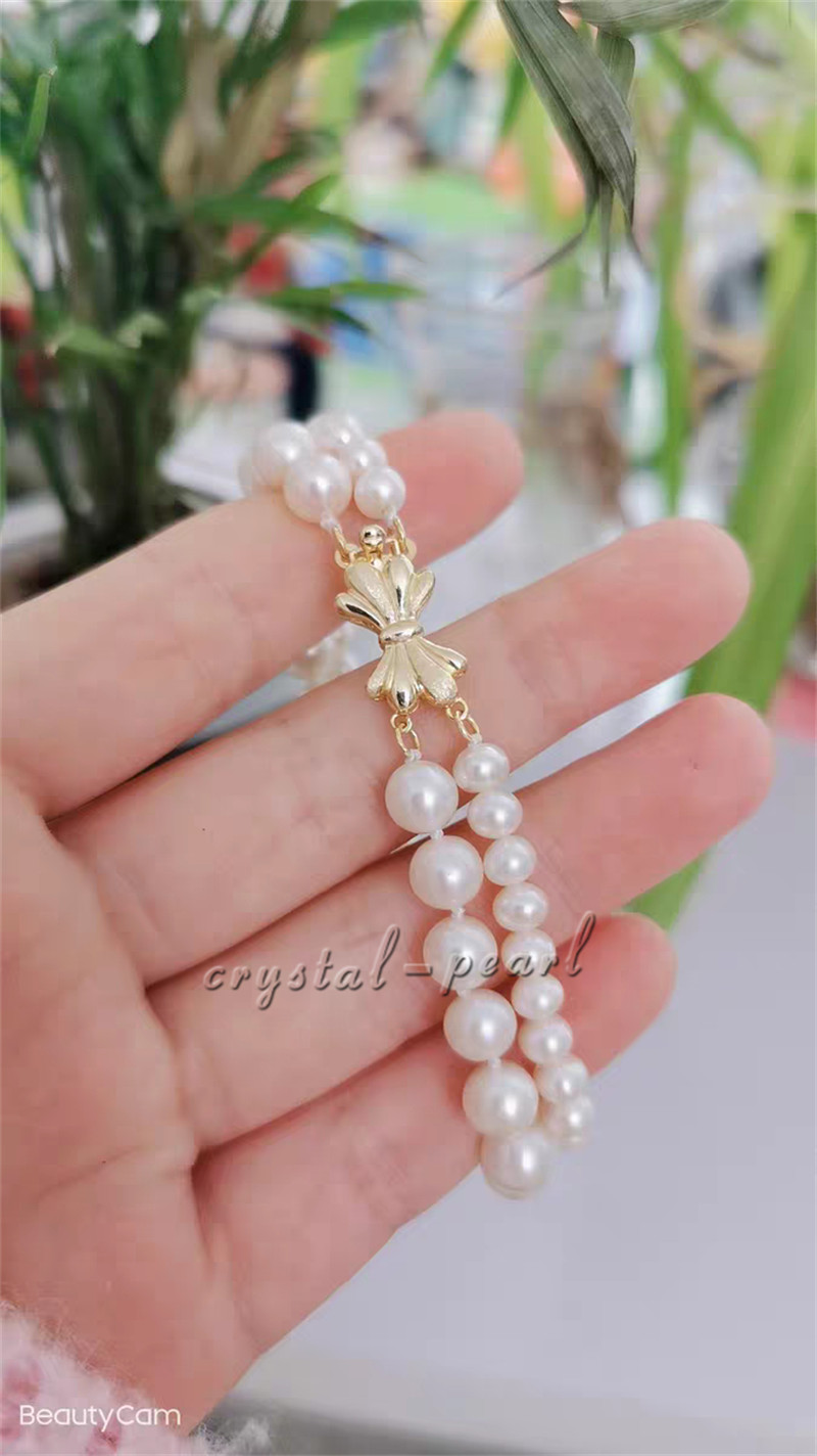 2 ROWS AAA 7-8MM NATURAL AKOYA WHITE PEARL BRACELET 14k CLASP 7.5-8 INCH
