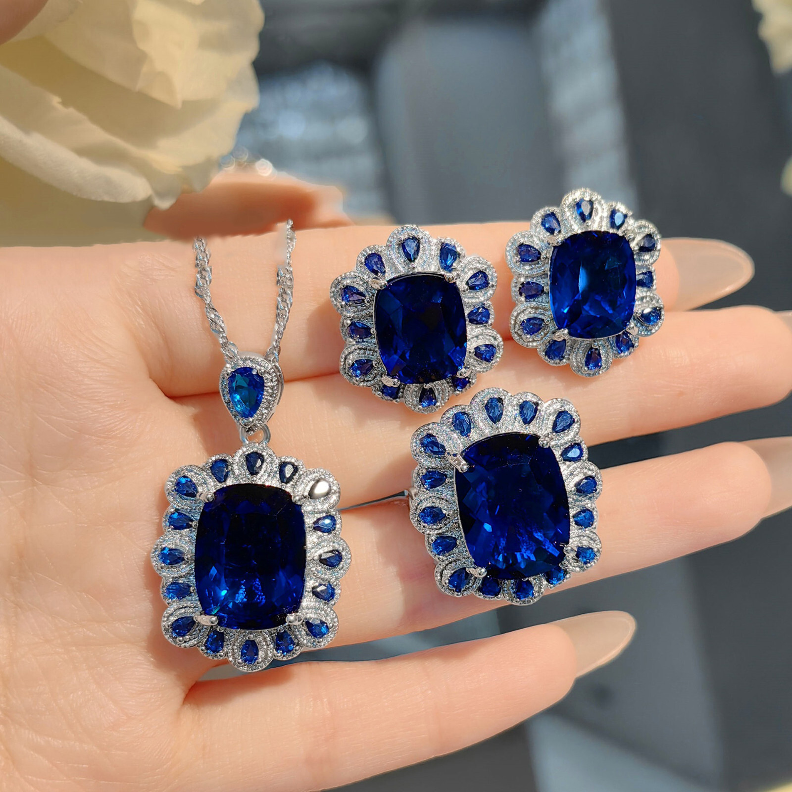 3pc European Royal Blue Topaz Gemstone Luxury Women Silver Necklace Ring Earring