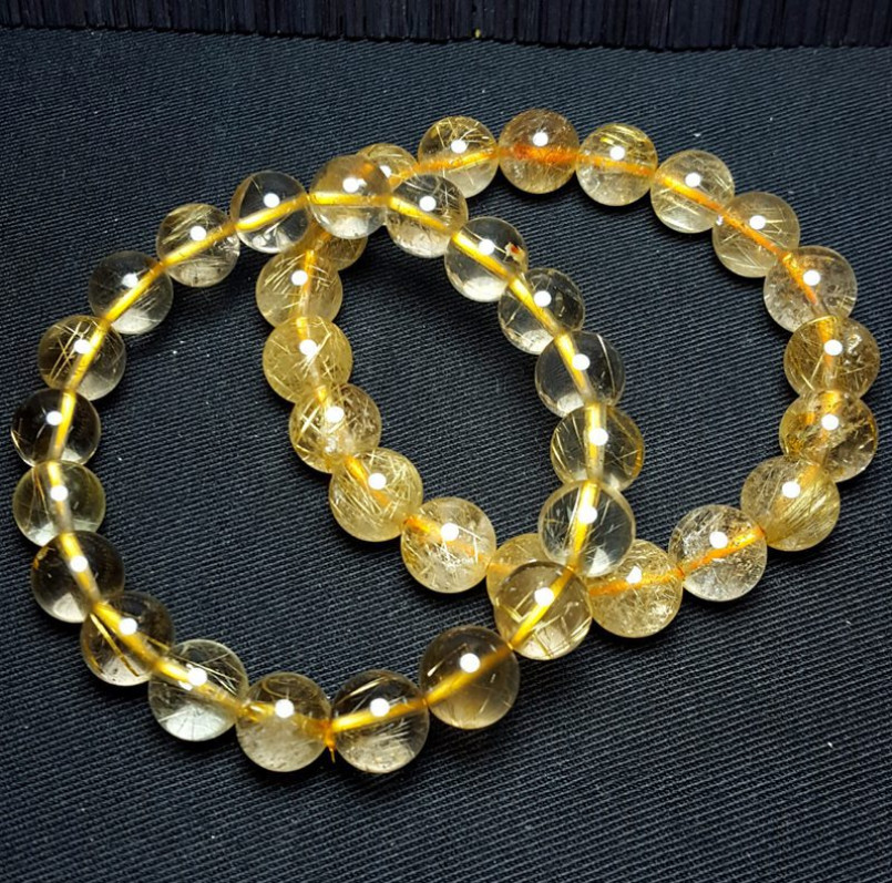 2Pcs 100% Natural Gold Quartz Hair Rutilated Crystal 8Mm Beads Bracelet 7.5”