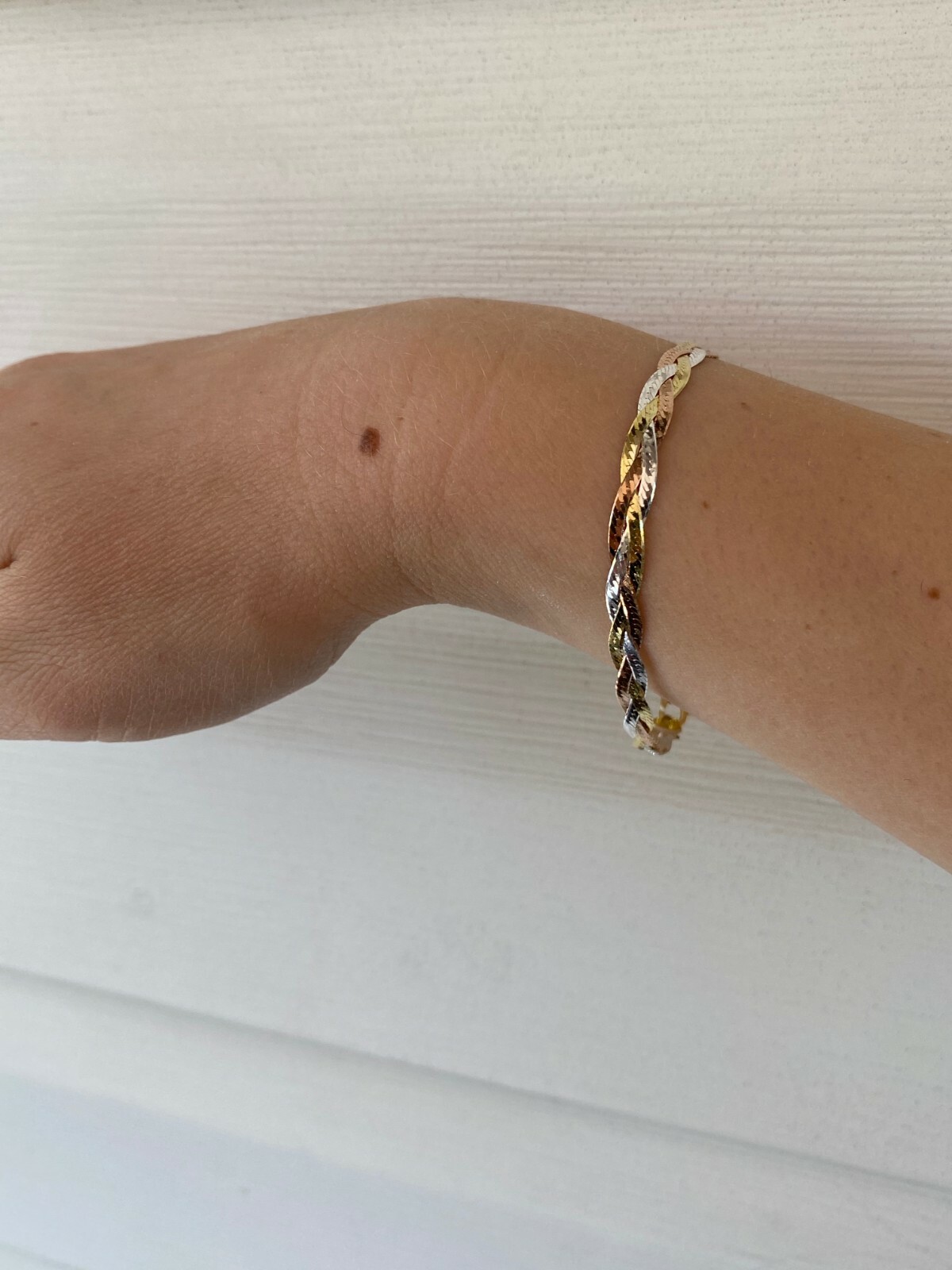 Solid 925 Silver Tri Color Yellow Rose Gold Plated Twisted Braided Herringbone