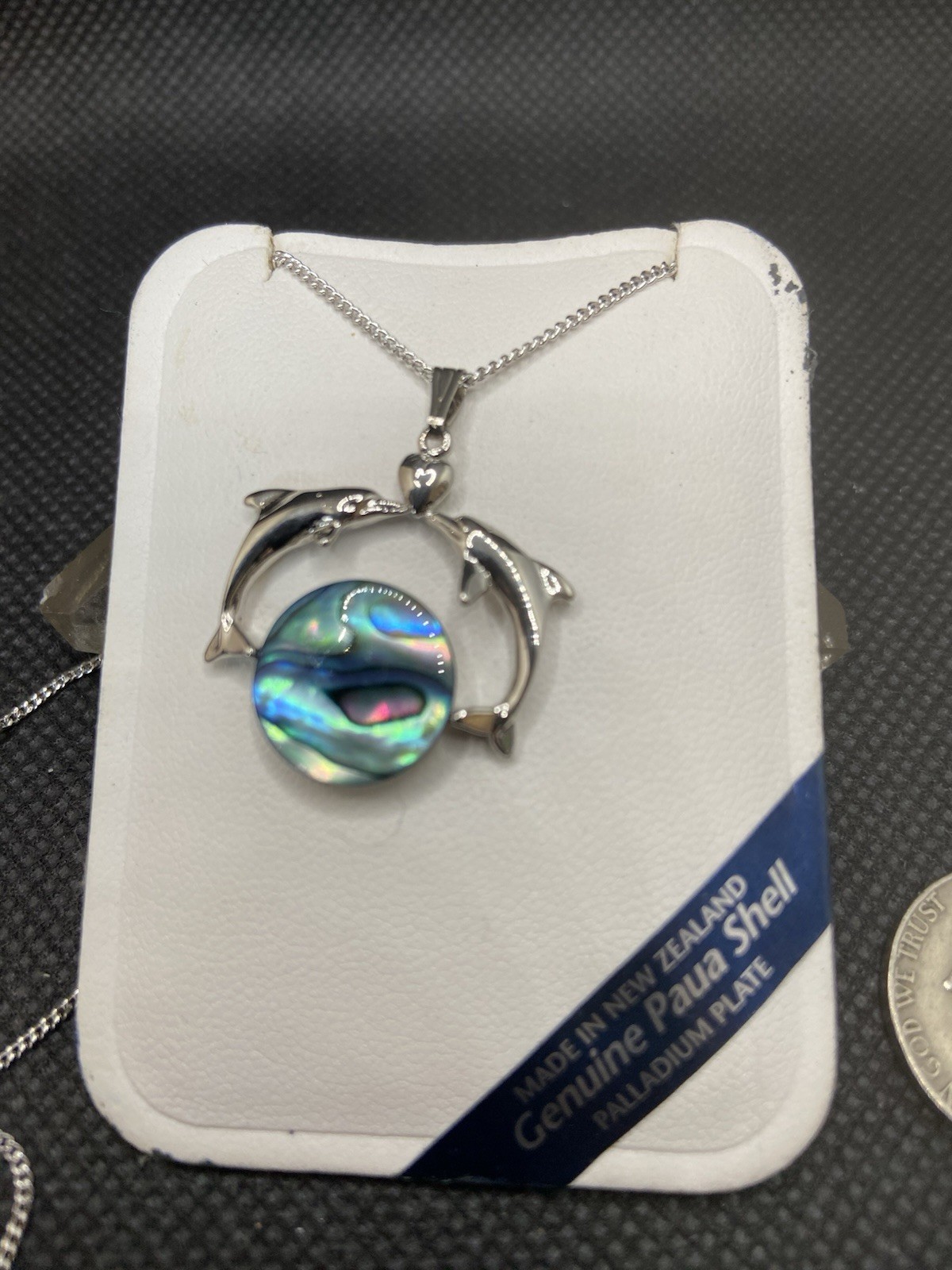Vintage Ariki Palladium Plated Dolphins & Moon of Genuine Paua Shell Necklace