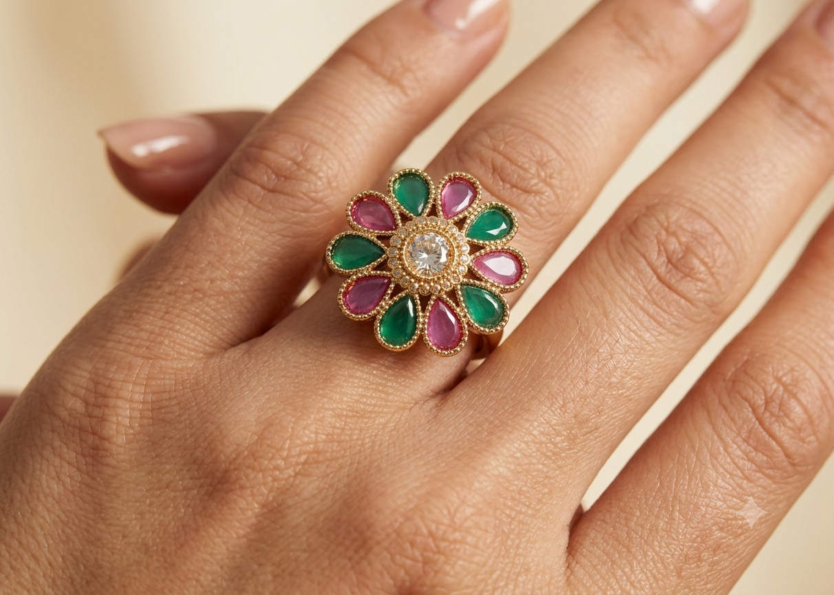 Fatima Luxury Emerald Floral Kundan Ring Roz Jewellers.