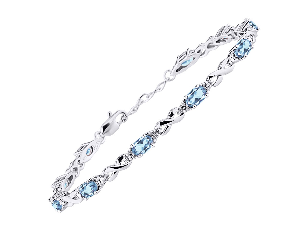 RYLOS BLUE TOPAZ & DIAMOND TENNIS BRACELET STERLING SILVER 7-8″