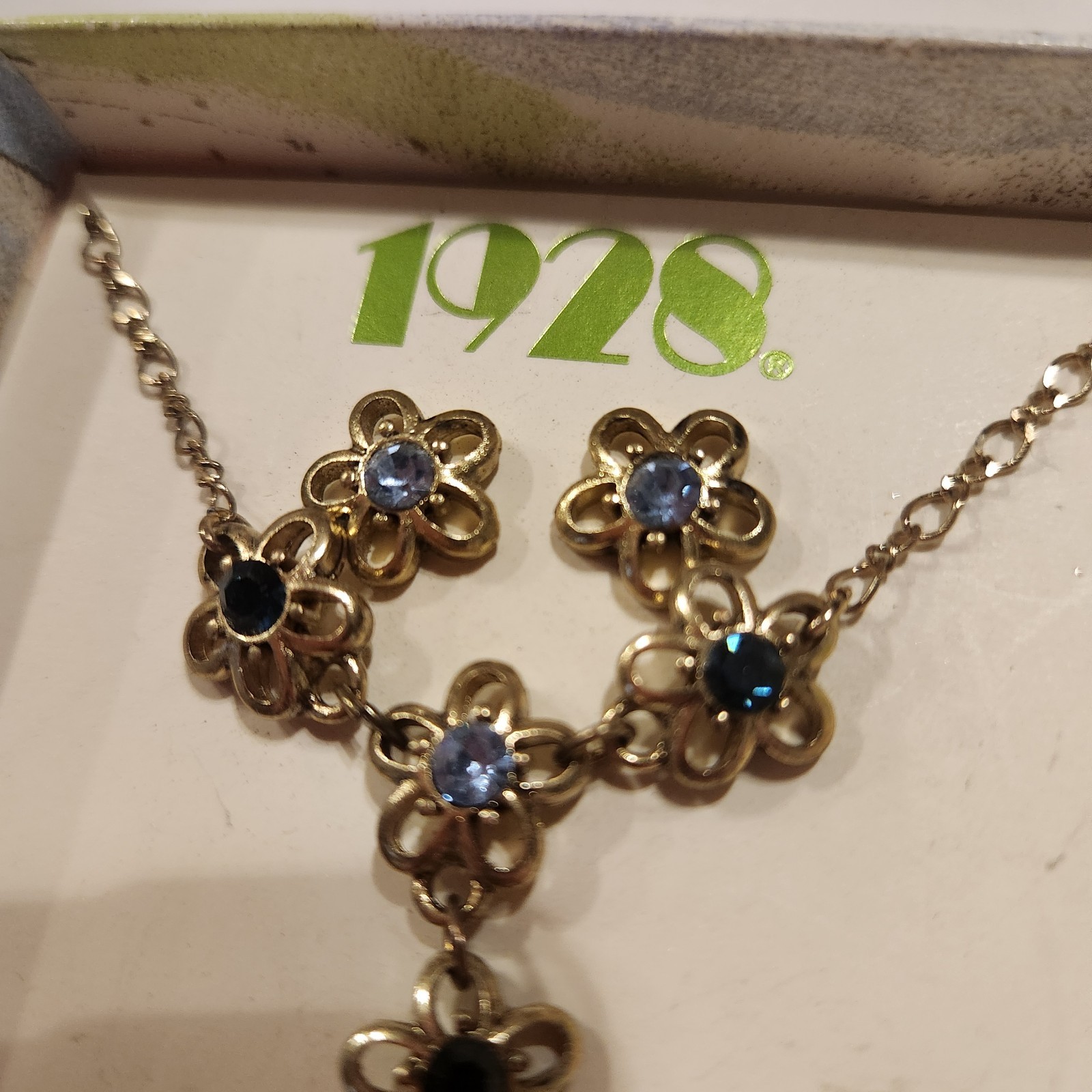 1928 Necklace And Earrings Set Blue Crystal Flowers Gold Tone 18″