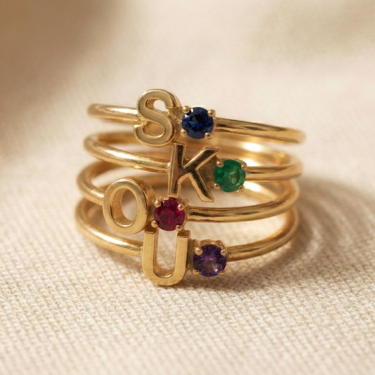 Gold Plated Lab-Created Gemstone Ring, 925 Silver Customised Name Ring For Gift
