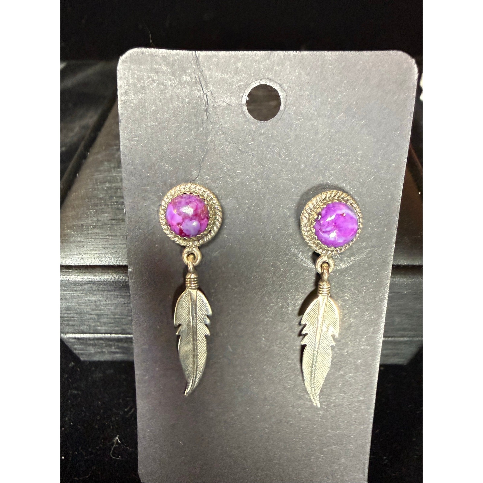Jewelry Vintage Solid 925 Sterling Silver Purple Mojave Feather Earrings 11.3mm