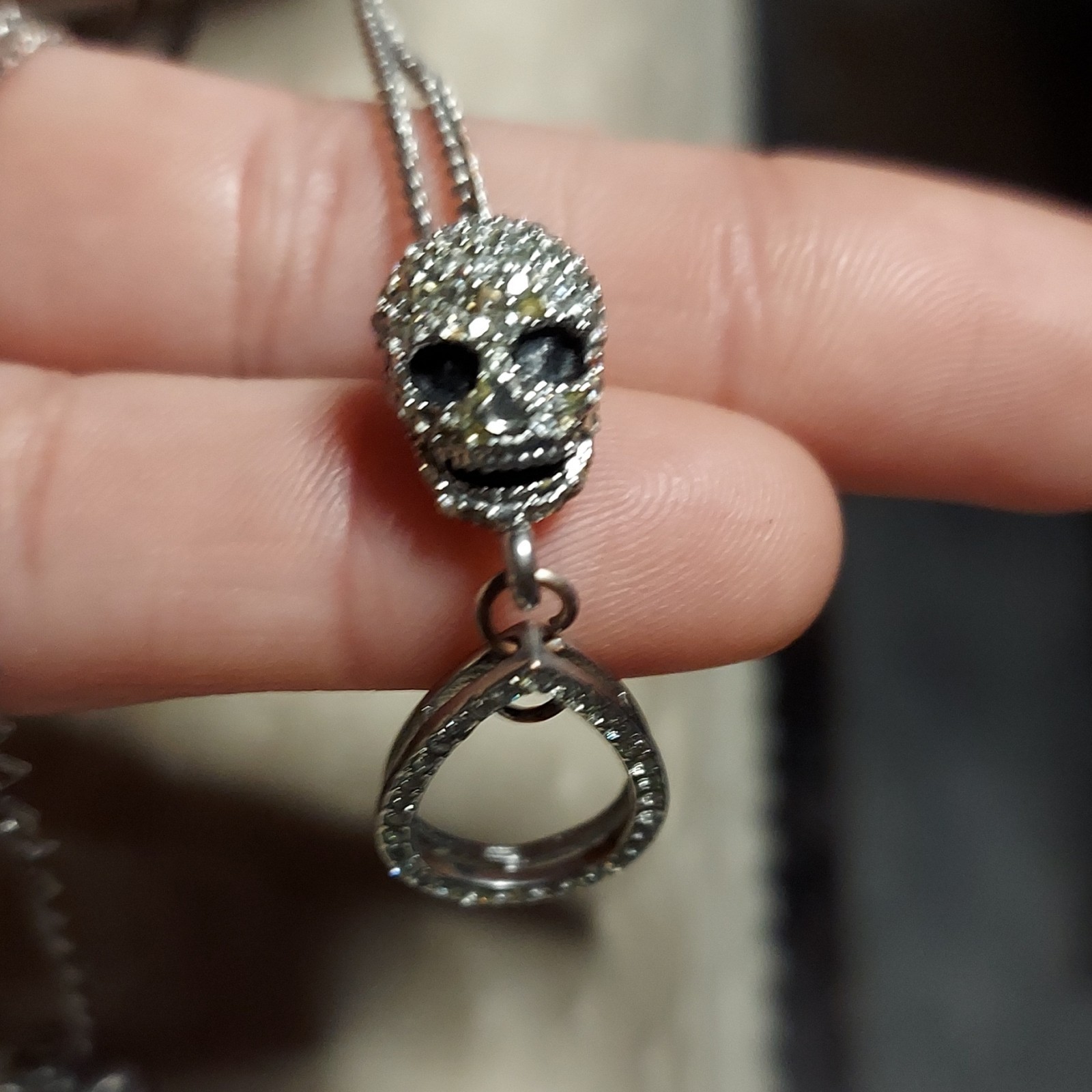 Silver Tone Pavé Crystal Skull Charm Pendant Necklace Snake Chain Lobster
