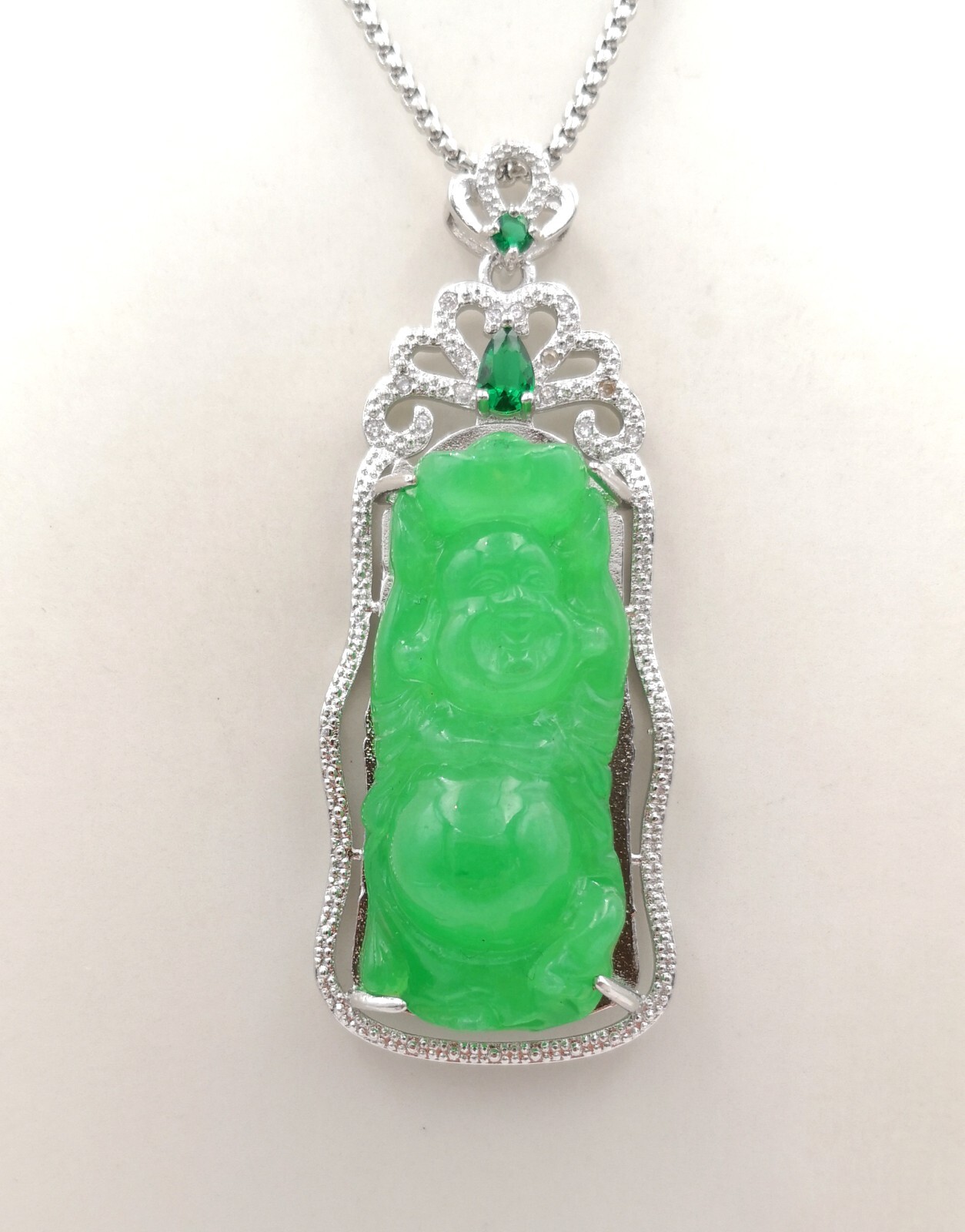 Multicolor Green Red Jade Stand Maitreya Buddha 18KGP Crystal Pendant Necklace